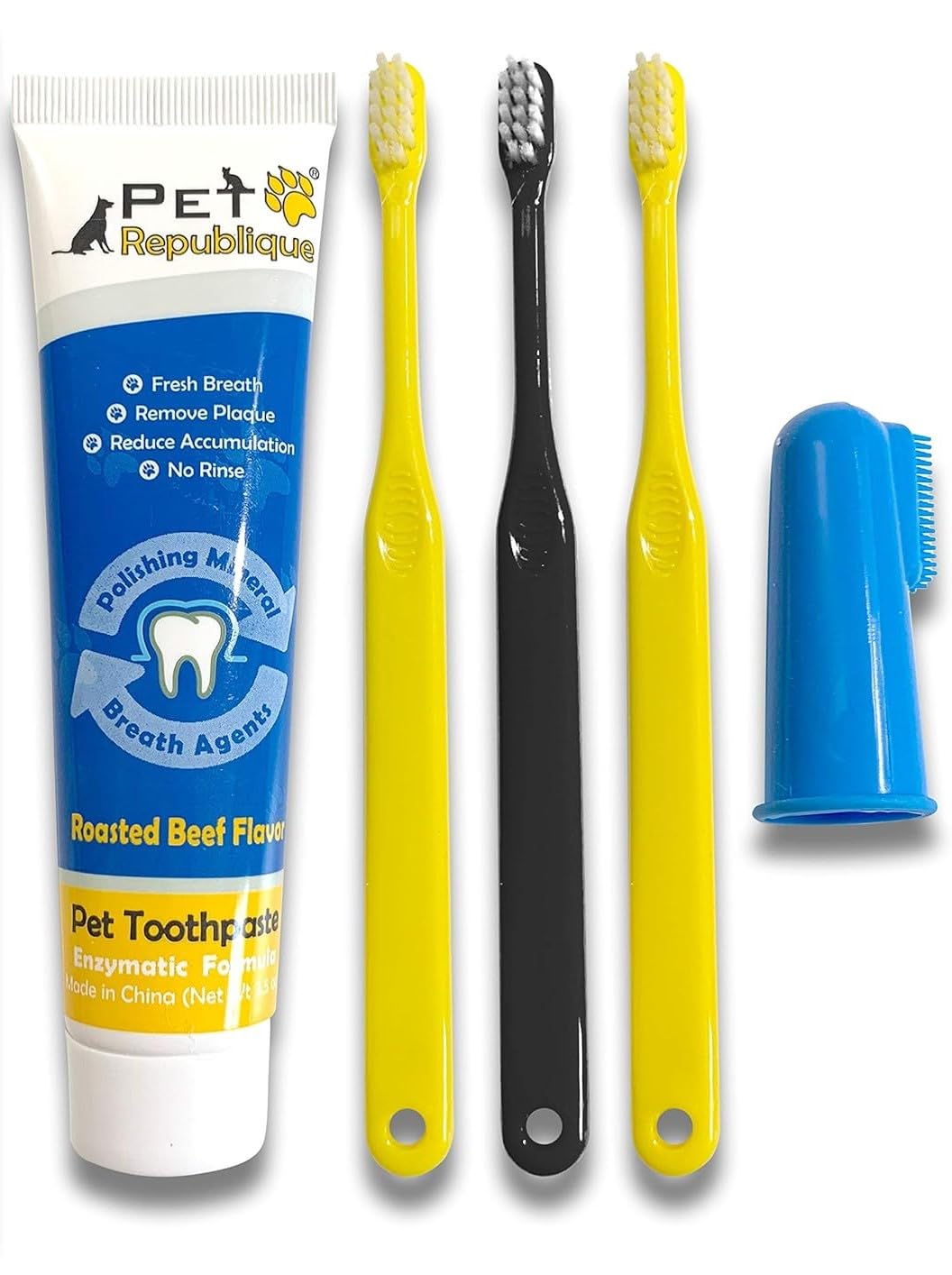 Pet Republique Enzymatic Dog Toothpaste Kit with 4 Toothbrushes (1 Finger & 3 Handle Brushes) - Beef Flavor for Dental Care & Fresh Breath - Perfect for Daily Oral Hygiene & Teeth Cleaning Routine at Home