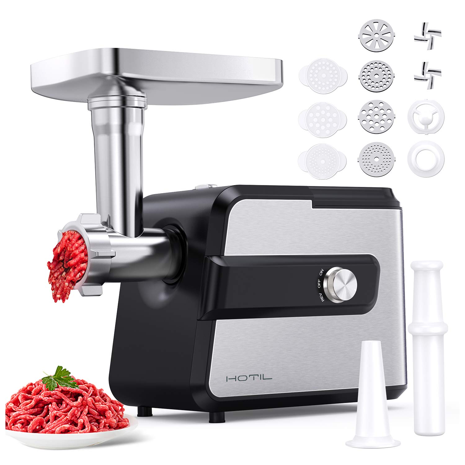 Electric Meat Grinder 1200W Heavy Duty - Sausage Maker Machine with 4 Grinding Plates, 3 Cleaning Plates, 2 Blades & Sausage Stuffer Tube - Perfect for Home Kitchen, BBQ Parties, and Meal Prep - Includes Kubbe Kit Accessories