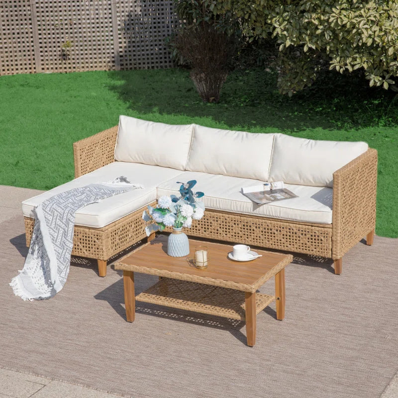 Boho Style Outdoor Wicker Conversation Sofa Set with Acacia Wood Coffee Table - Perfect for Patio, Garden, Backyard & Poolside Relaxation | Sophia & William