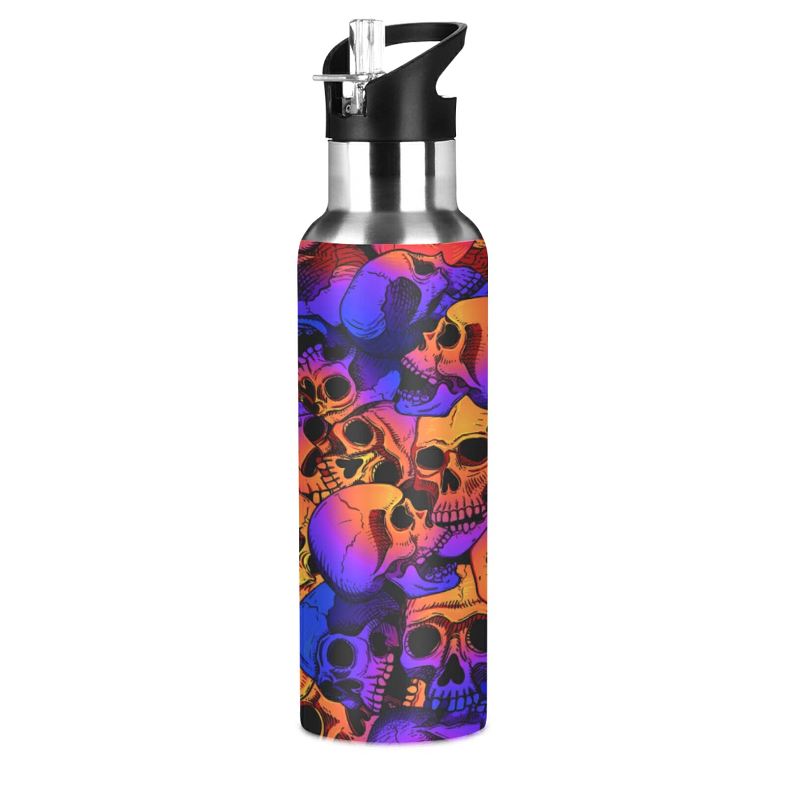 Vintage Skull Pattern Vacuum Insulated Stainless Steel Water Bottle with Straw Lid - 20 oz Leakproof Sports Water Bottle for Gym, Hiking, Camping & Outdoor Activities | BPA Free Travel Fitness Bottle