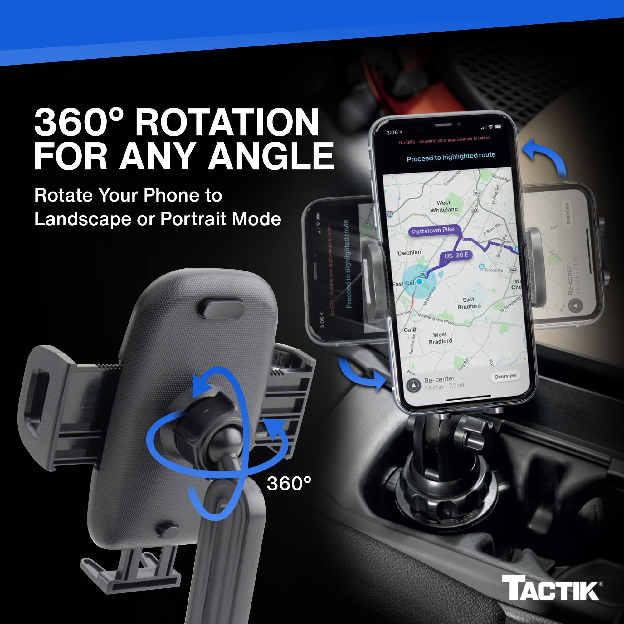 TACTIK 360° Rotatable Car Cup Holder Phone Mount - Universal Phone Holder for iPhone & Large 7