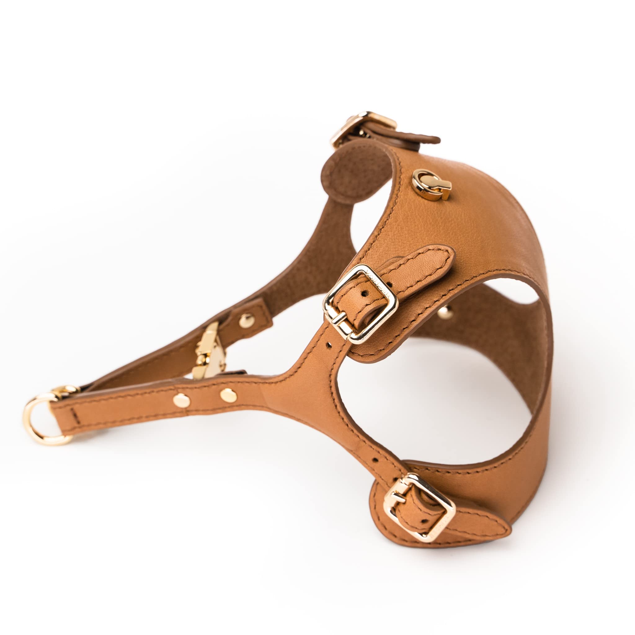 Premium BECHIVA Genuine Leather Small Dog Harness - Adjustable Pet Vest for Chihuahua, Yorkie, Maltese & Pomeranian - Easy On/Off Luxury Walking Harness in Cognac Brown - Perfect for Daily Walks, Outdoor Adventures & Pet Fashion