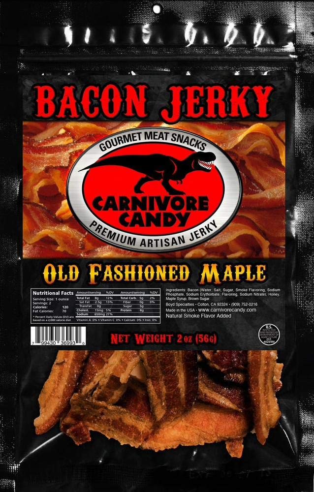 Premium Carnivore Candy Bacon Jerky - Old Fashioned Maple Flavor, 2 Oz (1 Pack) | High-Protein Snack for Keto, Paleo & Low-Carb Diets | Perfect for Hiking, Camping & On-the-Go Nutrition