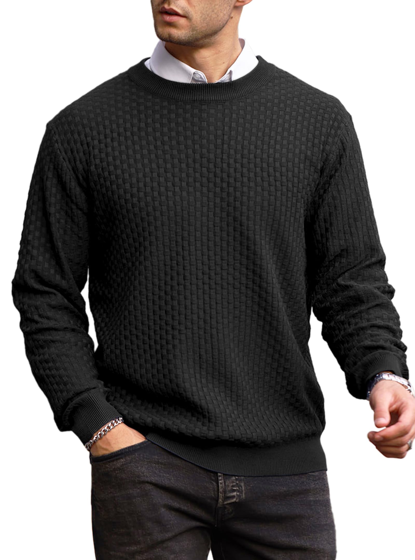 Zaitun Men's Waffle Knit Crewneck Sweater - Casual Long Sleeve Pullover for Fall & Winter | Cozy Office Wear & Weekend Outfits