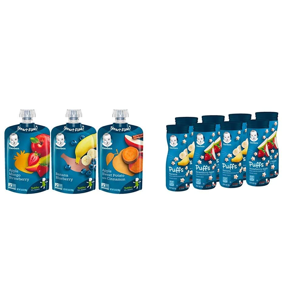 Gerber Baby Food Pouches & Toddler Snacks Variety Pack - 18 Organic Fruit & Veggie Puree Pouches + 8 Snack Puffs | Healthy On-the-Go Baby Food for Travel, Daycare & Outdoor Adventures