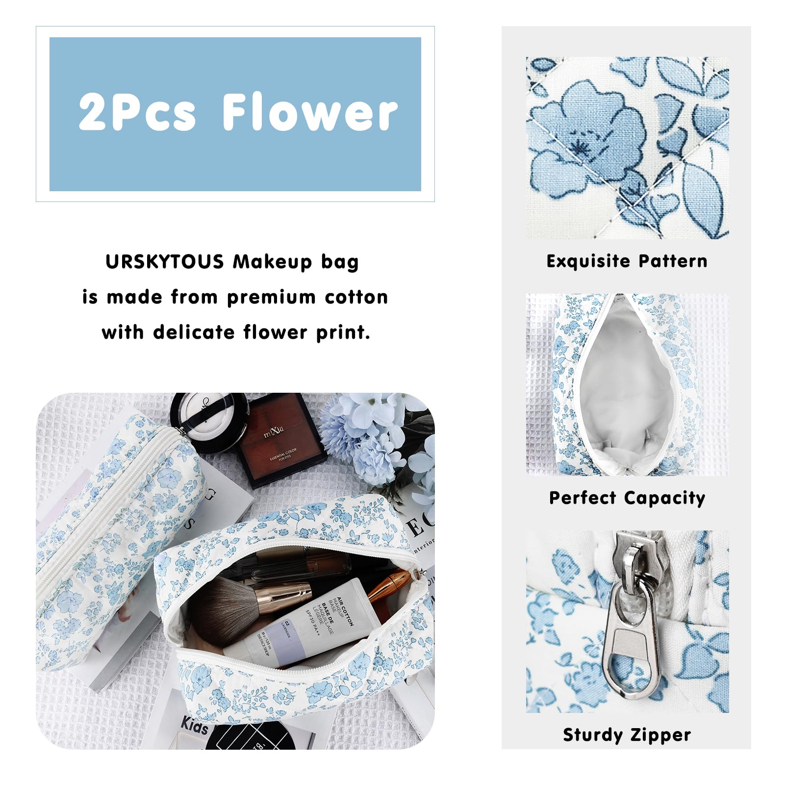 2Pcs Floral Makeup Bags for Women - Cotton Quilted Small Cosmetic Pouch with Zipper, Cute Blue Flower Design, Aesthetic Travel Toiletry Bag for Skincare & Pencil Storage | Perfect for Daily Use, Travel & Gift Giving
