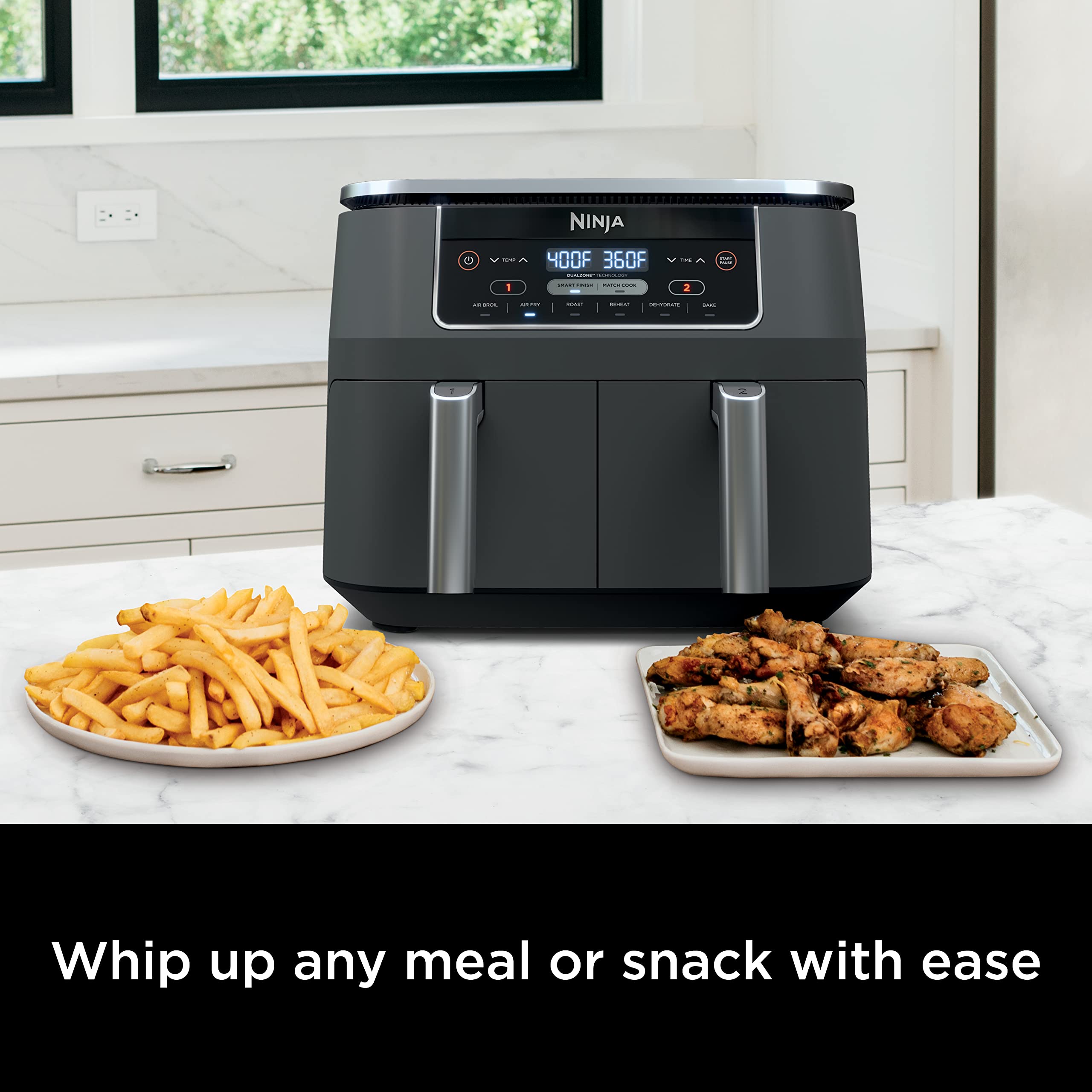 Ninja DZ201 Foodi 8 Quart 6-in-1 DualZone Air Fryer with 2 Independent Baskets - Smart Finish, Match Cook, Roast, Broil & Dehydrate - Perfect for Family Dinners, Meal Prep & Healthy Cooking - Grey