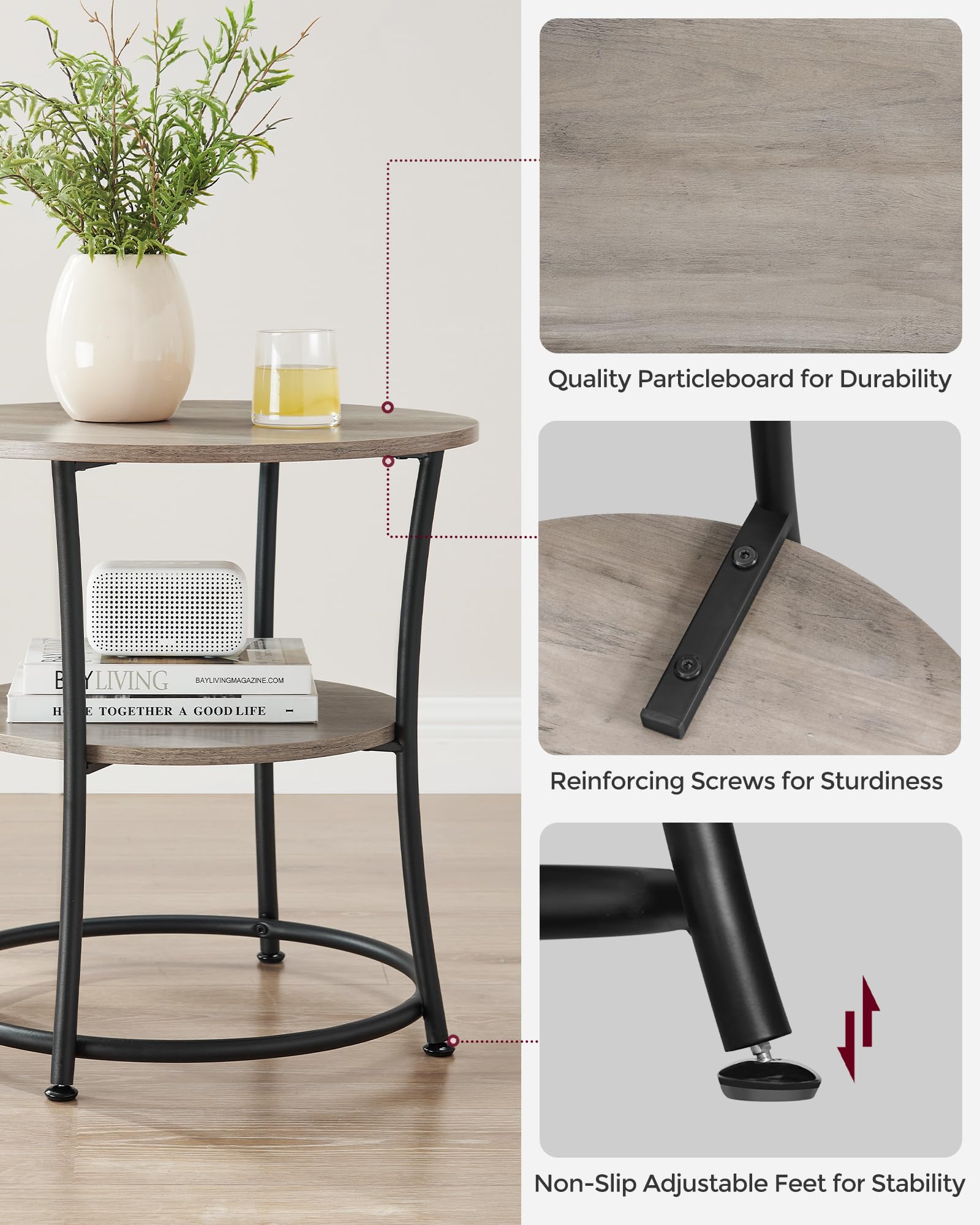 VASAGLE Round Side Table with 2 Storage Shelves - Steel Frame End Table for Living Room, Bedroom, Office - Compact Nightstand & Coffee Table for Small Spaces in Greige & Ink Black - Perfect for Holding Lamps, Books & Decor
