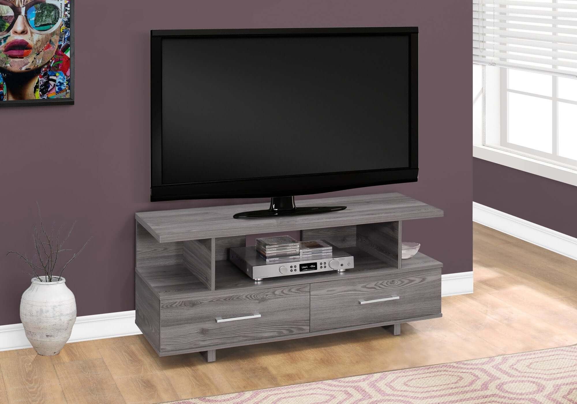 48L Grey TV Stand with 2 Storage Drawers - Modern Entertainment Center for Living Room, Bedroom & Home Theater Organization