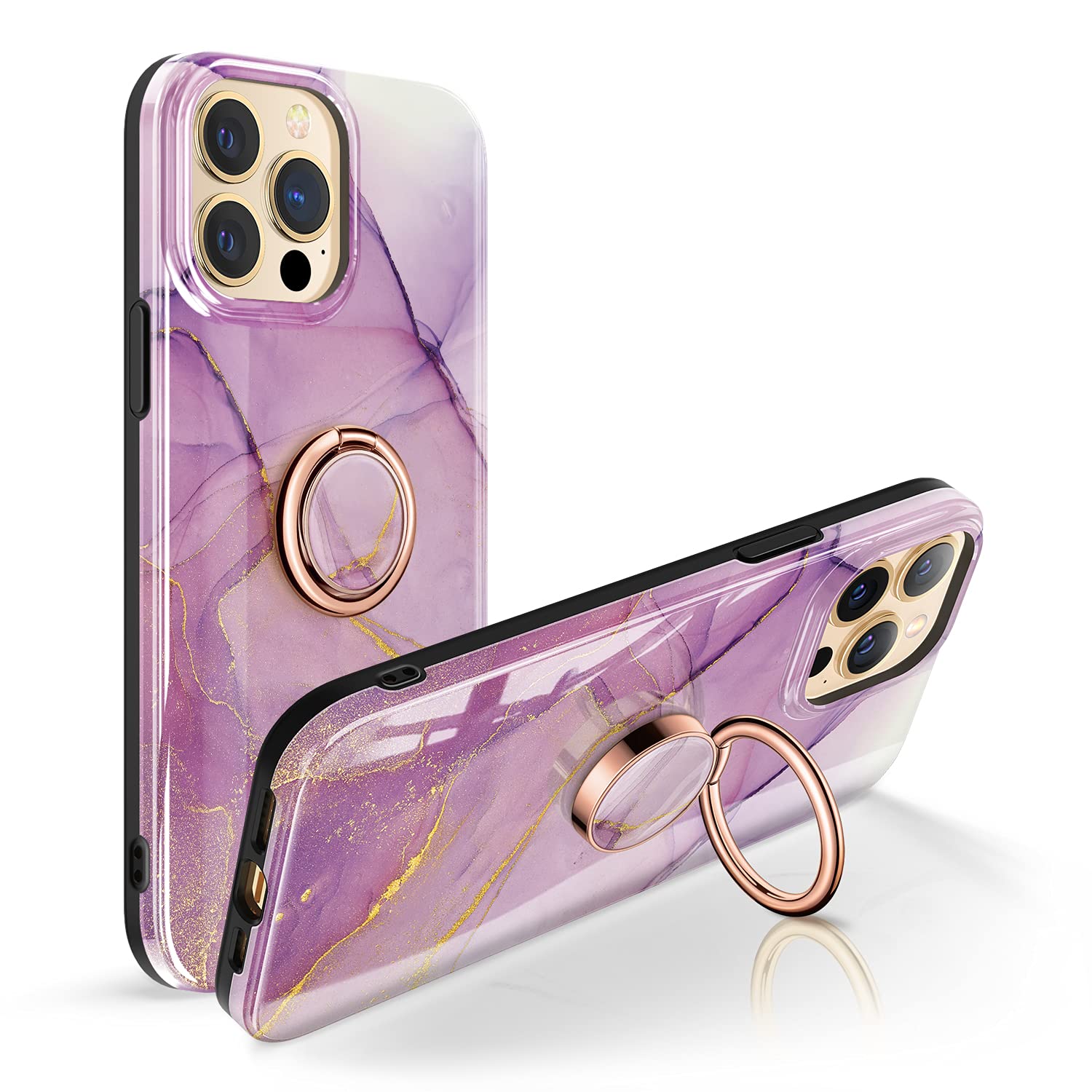 GVIEWIN Marble Phone Case with Ring Holder for iPhone 13 Pro Max - Elegant Romantic Purple Design | Slim Protective Cover with Grip Stand for Hands-Free Viewing, Selfies & Daily Use
