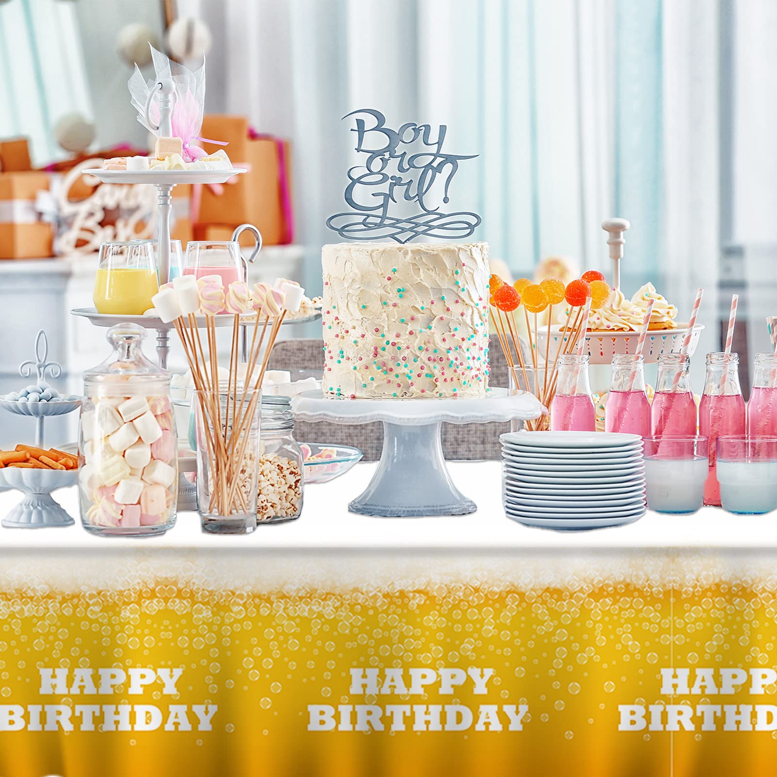 Happy Birthday Party Tablecloth - Gold Yellow Plastic Table Cover for Baby Shower, Boys & Girls Birthday Party Decorations - Perfect for Indoor Celebrations, Camping, and Outdoor Events