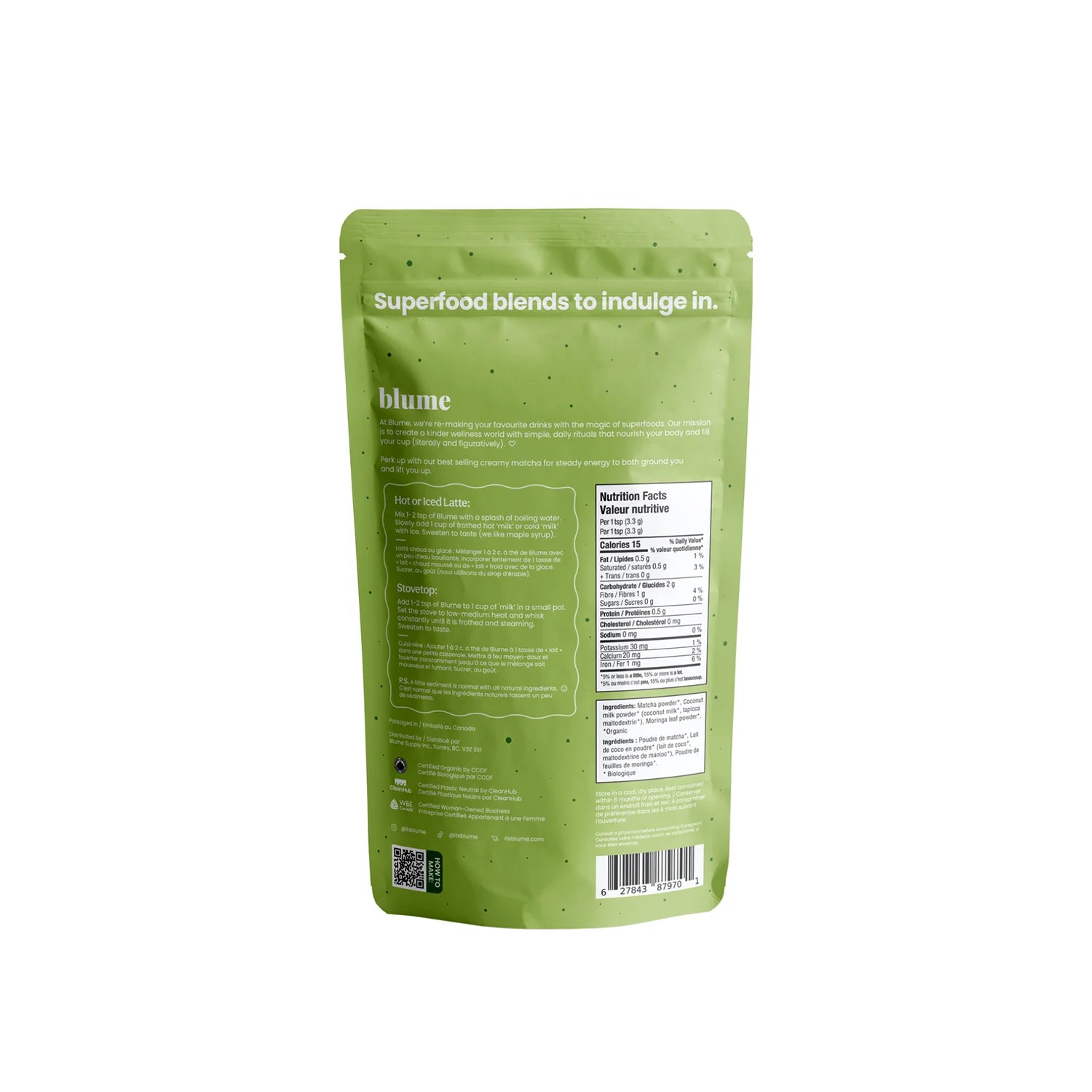 Blume Matcha Coconut Superfood Latte Mix Powder - 100g Organic Vegan Gluten-Free Energy Drink for Breakfast, Workout & Wellness Boost