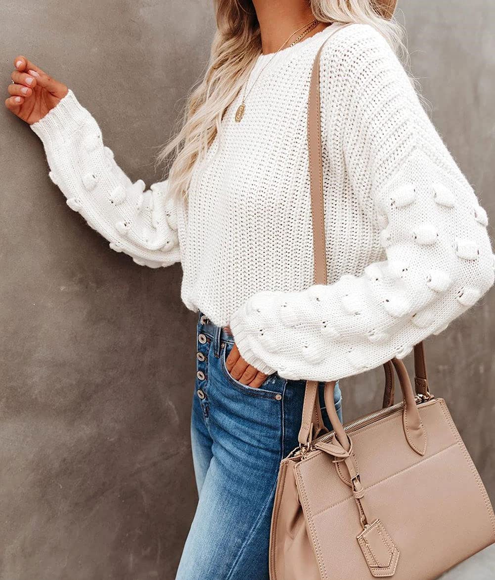 CHARTOU Women's Chunky Knit Sweater - Loose Fit Crewneck Pullover with Lantern Sleeves | Cozy Cable Knit Jumper for Fall & Winter | Perfect for Office, Casual Outings and Holiday Gatherings