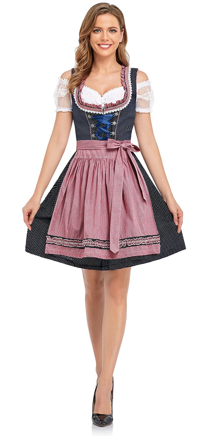 Authentic German Oktoberfest Costume for Women - 3-Piece Dirndl Dress Set with Bavarian Blue Dress, White Blouse & Pink Apron | Perfect for Oktoberfest Parties, Halloween & Cultural Events