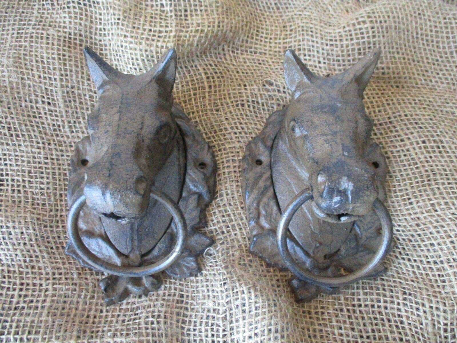 2 Large Cast Iron Horse Head Ring Hitching Post - Rustic Barn Decor, Wall Mounted Holder for Bathroom, Entryway, or Garden Decor