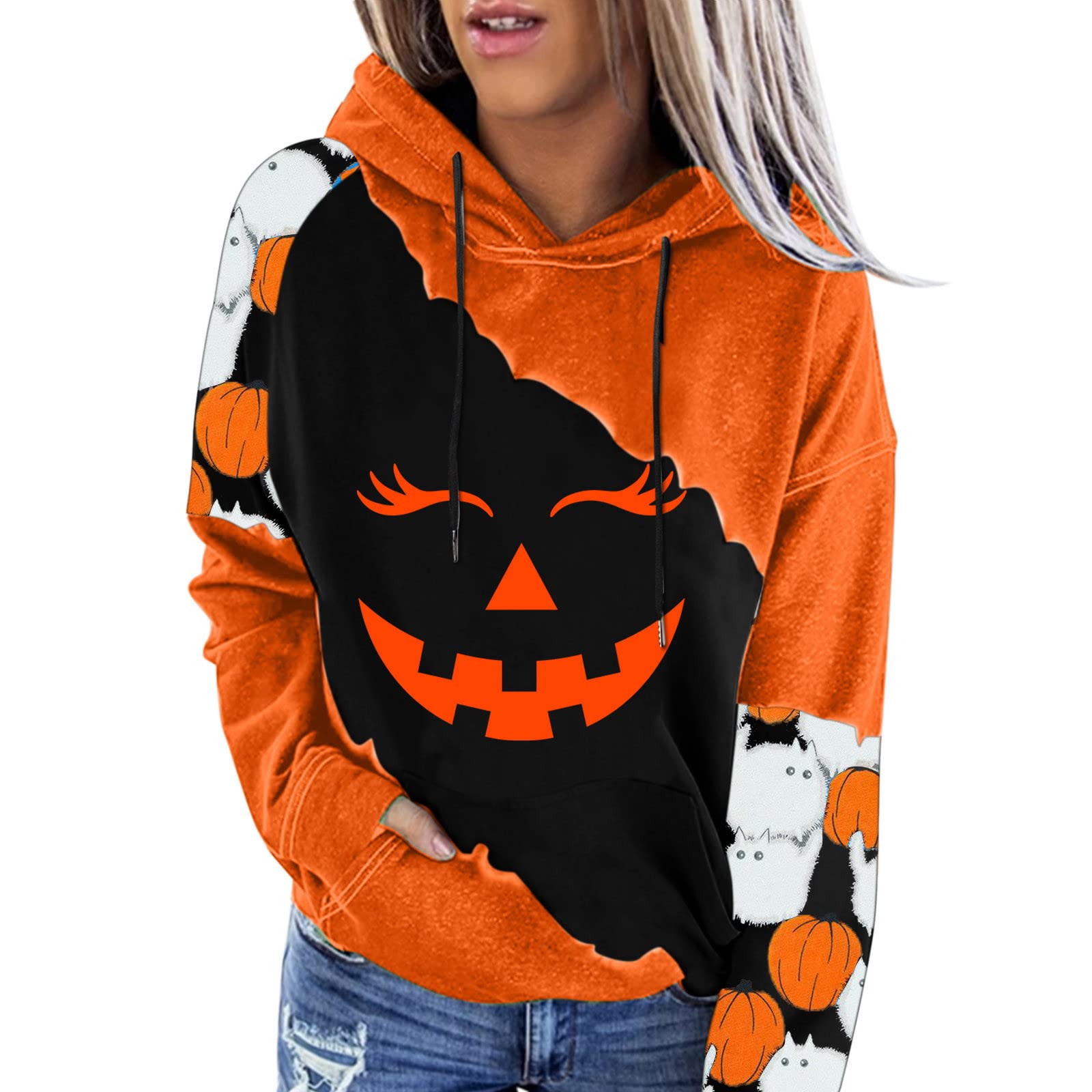 BEUU Women's Pumpkin Print Hoodie - Casual Long Sleeve Sweatshirt with Pocket for Halloween & Fall Fashion