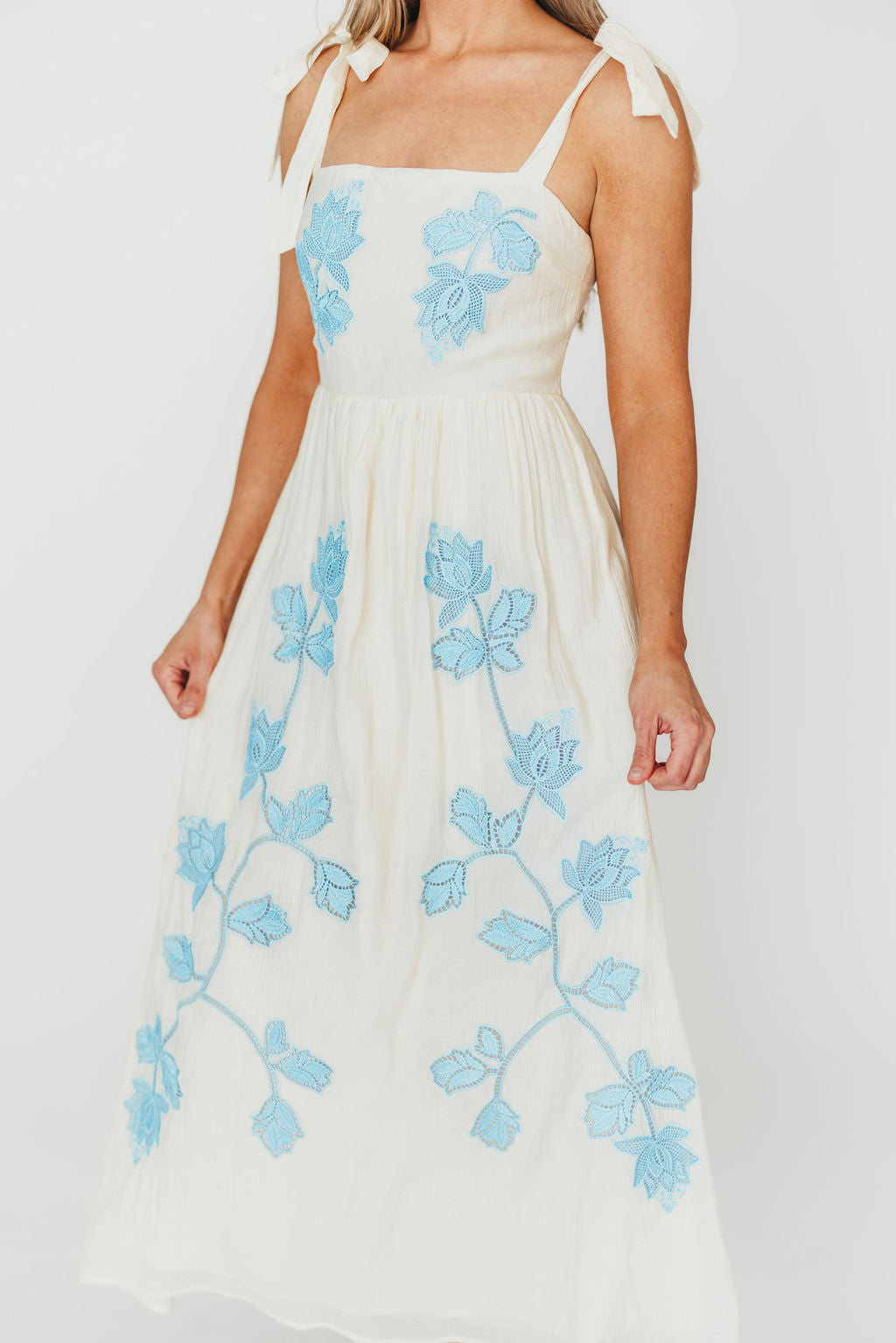 Clementine Embroidered Midi Dress - Cream & Light Blue Floral Summer Dress for Women | Perfect for Beach Vacations, Garden Parties & Date Nights