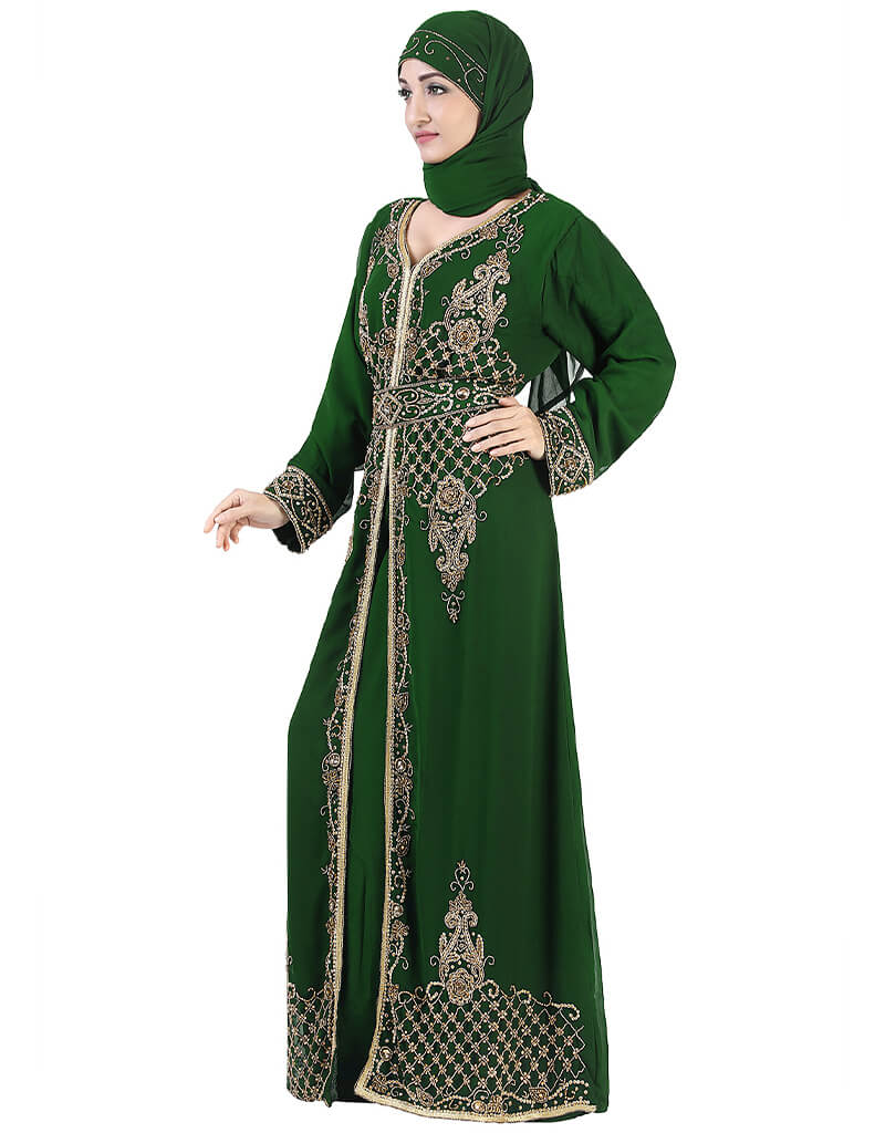 Elegant Arabic Green Georgette Kaftan with Handcrafted Zari Embroidery - Perfect for Weddings, Parties & Special Occasions