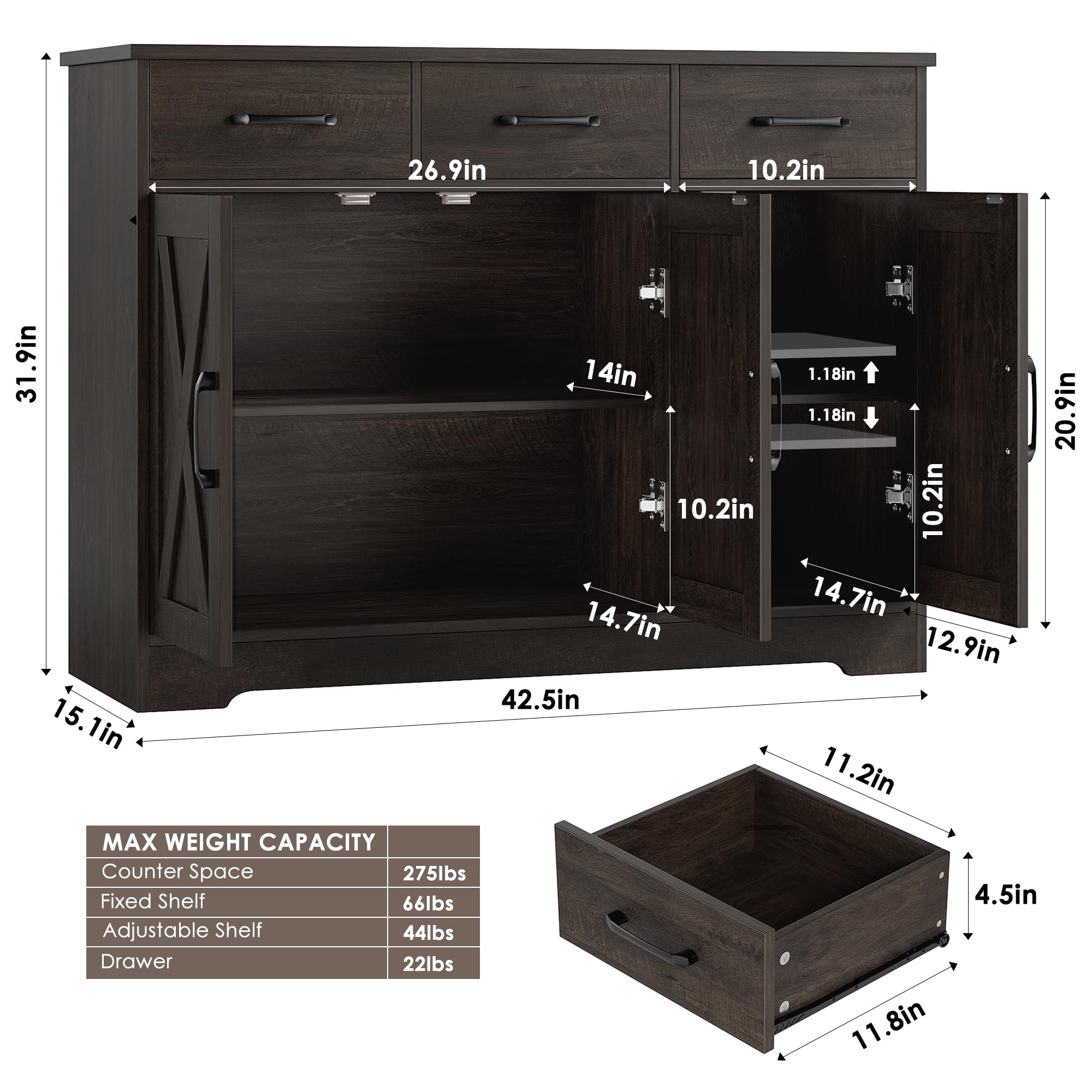 Modern Farmhouse Buffet Sideboard Cabinet with Barn Doors - Wood Storage Cabinet with Drawers & Shelves for Dining Room, Kitchen, Living Room - Dark Brown Coffee Bar Organizer for Home Decor & Entertaining