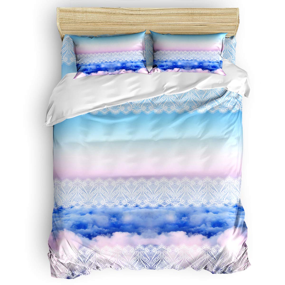 **Queen Size Cute Kids Duvet Cover Set - Colorful Clouds & Lace Pattern Bedding for Girls & Boys, 4-Piece Set (1 Comforter Cover, 1 Flat Sheet, 2 Pillowcases) - Soft & Breathable for Nursery, Bedroom, or Guest Room**