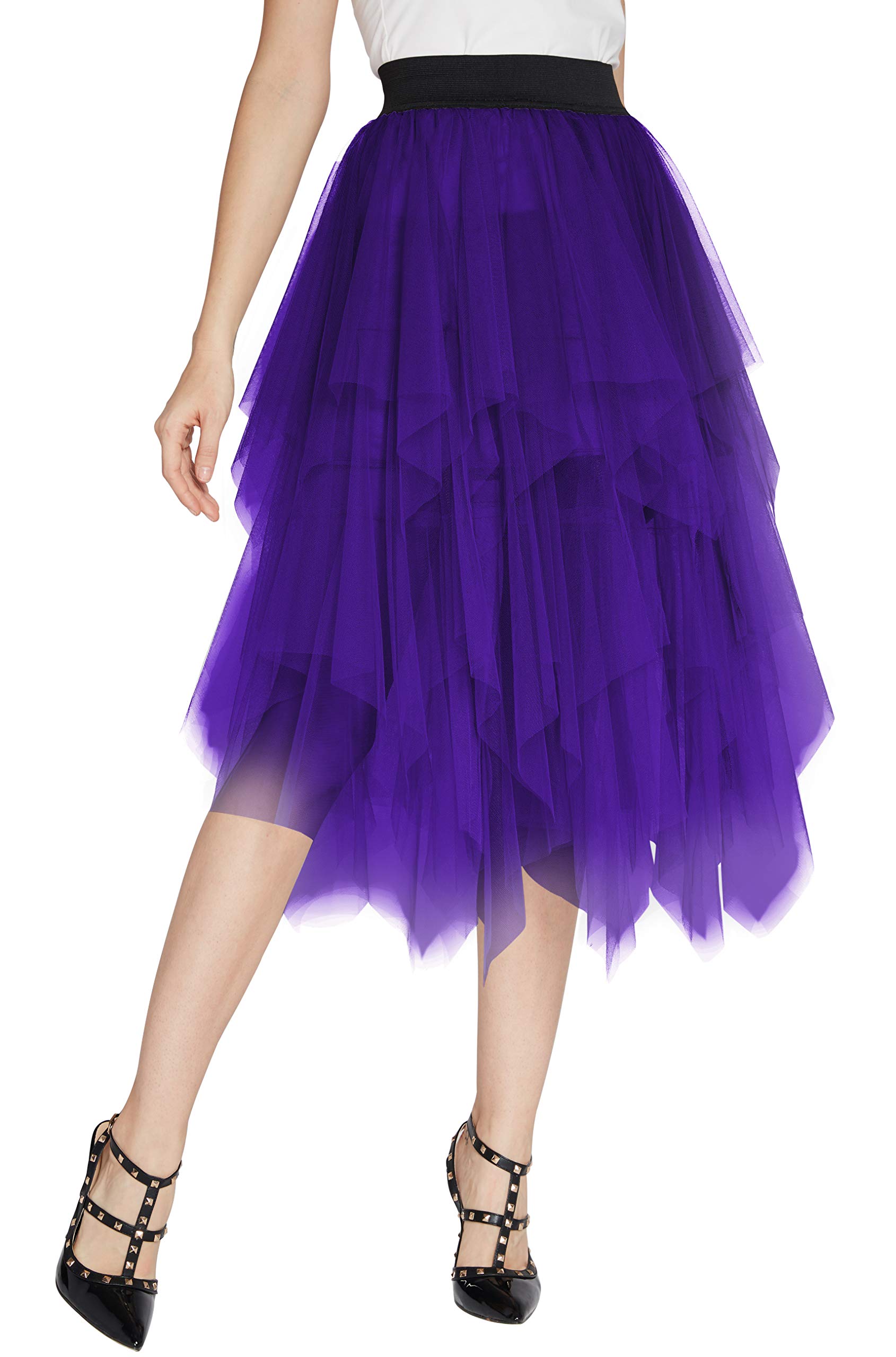 Elegant Women's Mesh Layered Tulle Skirt - Sheer Tutu Midi Skirt for Party & Wedding (Deep Purple, Size L) | Perfect for Dances, Bridesmaids & Special Occasions