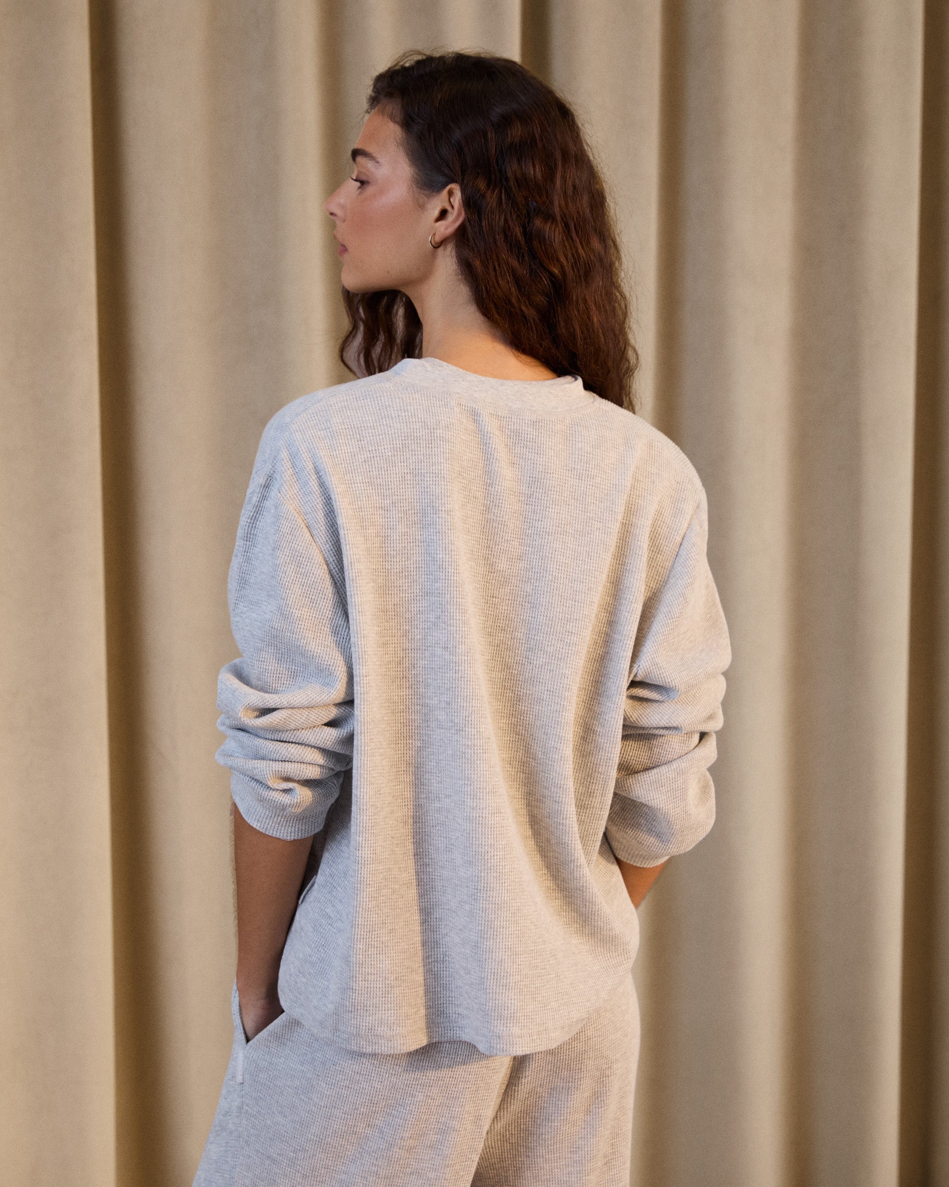 Waffle Henley Long Sleeve T-Shirt for Men - Light Grey Melange Cotton Blend | Casual Wear, Layering & Outdoor Activities