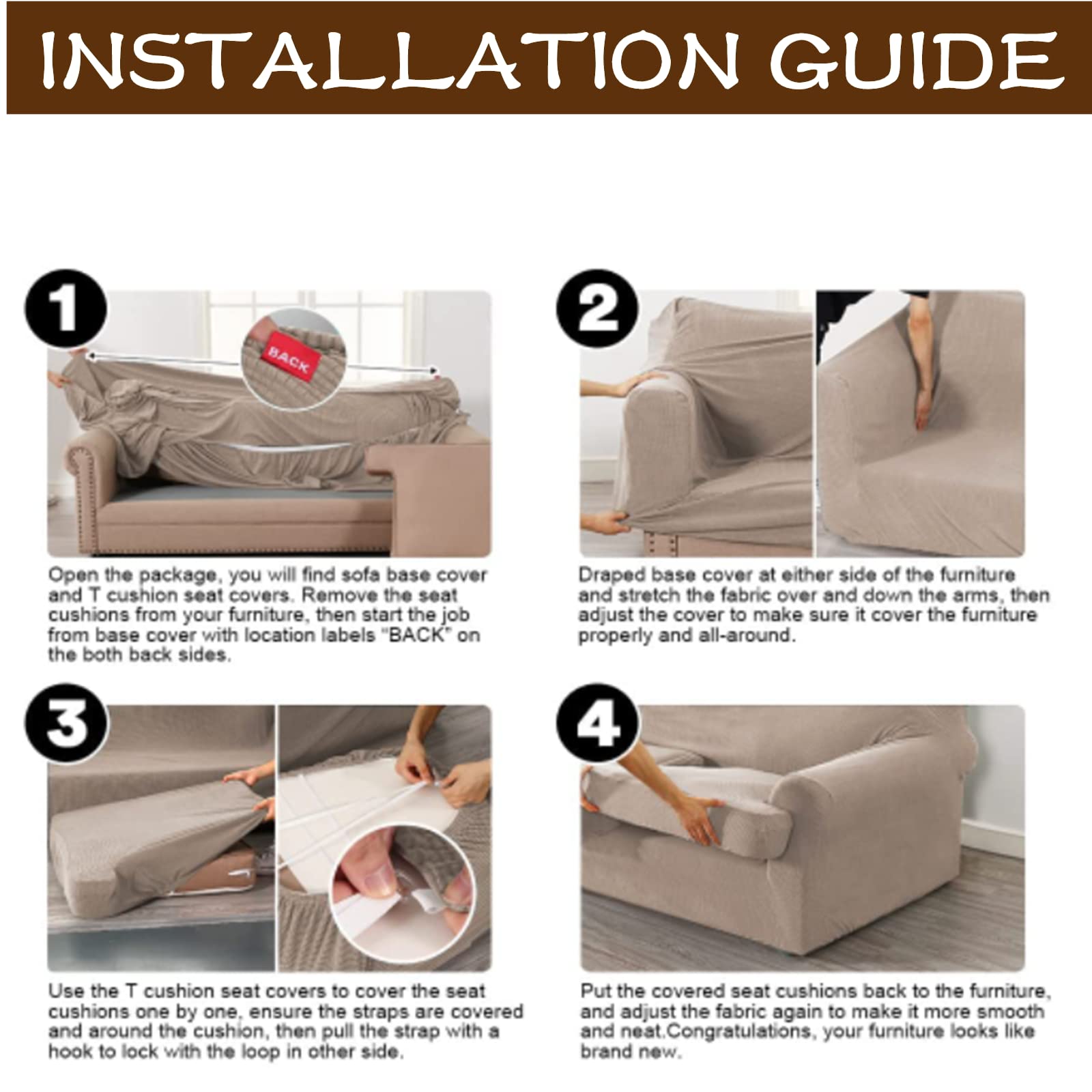 3 Piece T-Cushion Sofa Slipcovers - Thick Stretchable Couch Cover for 2-Cushion Loveseat | Furniture Protector with Washable Fabric | Perfect for Living Room, Apartment & Home Decor (Khaki, X-Large)