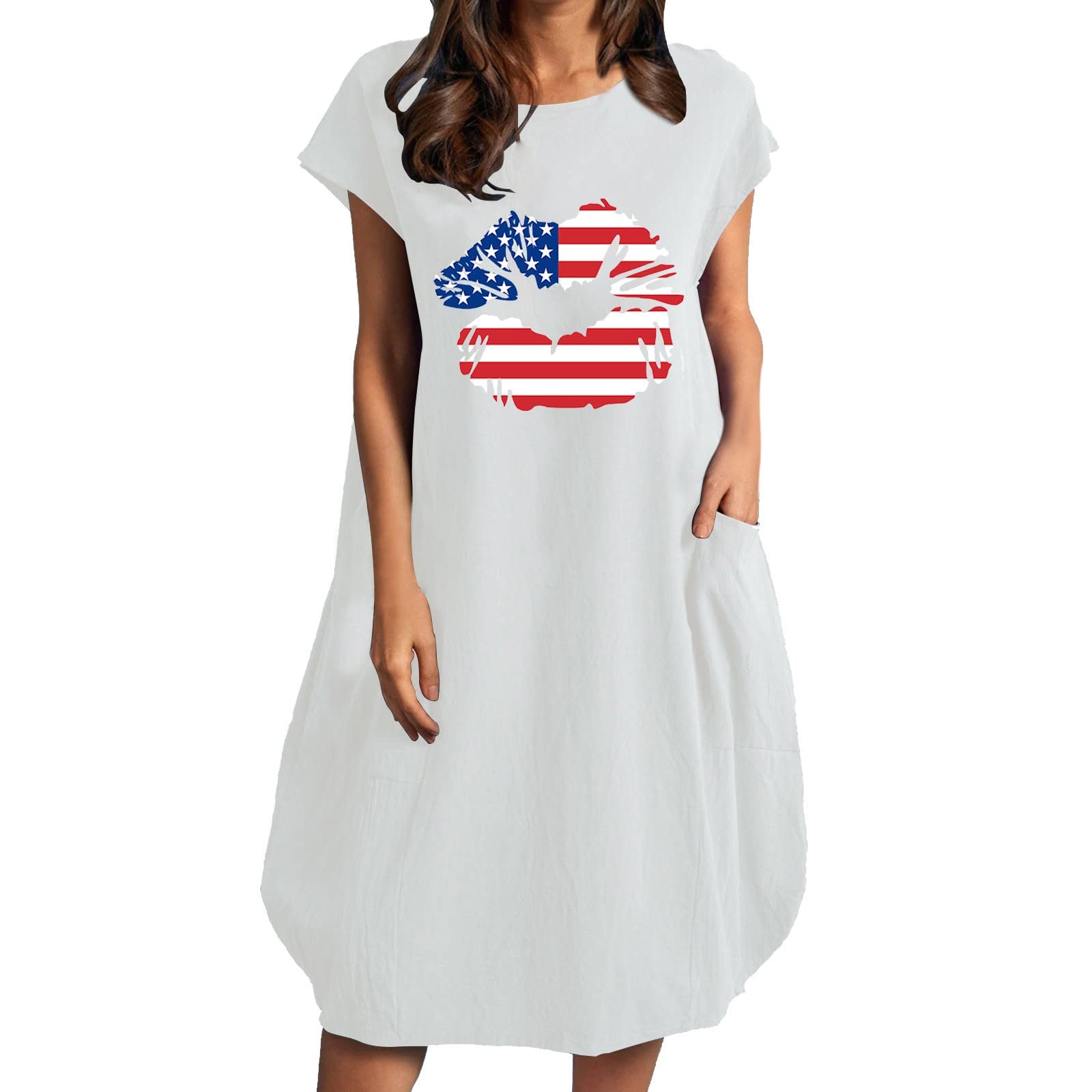 Women's Summer Casual Short Sleeve Printed Loose Dress with Pockets - Round Neck Flowy T-Shirt Dress for Beach, Vacation & Everyday Wear