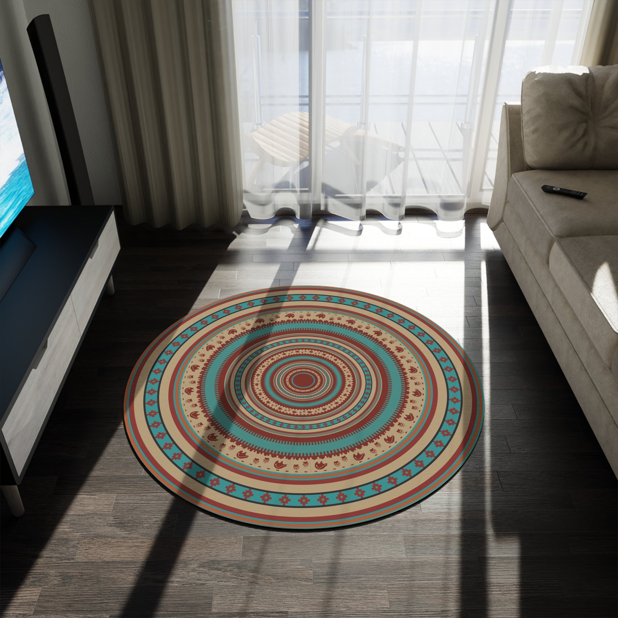 Southwestern Boho Print Round Chenille Rug - Soft Polyester Accent Rug for Living Room, Bedroom & Office - Perfect for Boho Decor & Cozy Home Styling