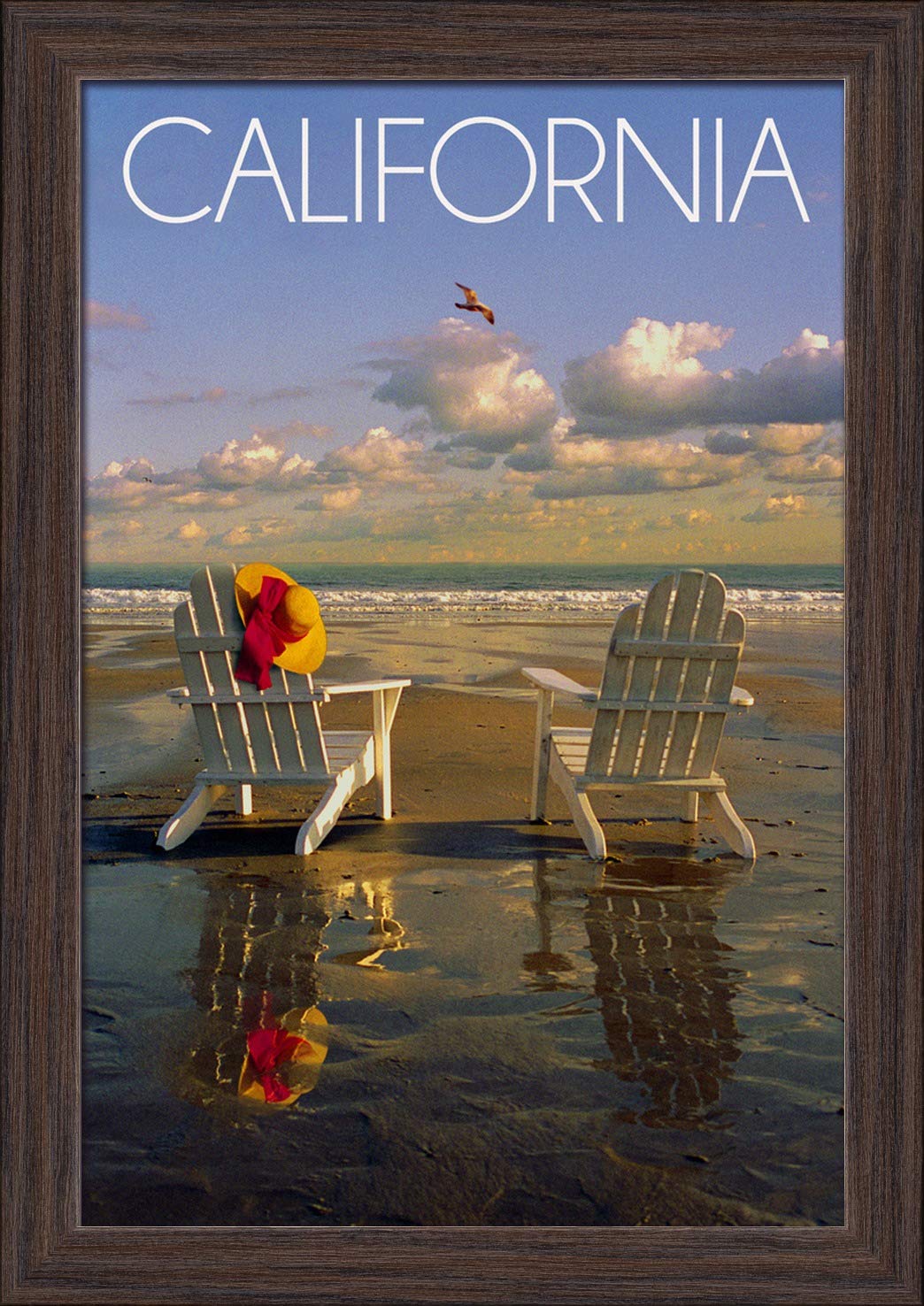 California Beach Adirondack Chairs - 12x18 Giclee Fine Art Print with Recycled Wood Frame in Espresso Brown - Perfect for Coastal Home Decor & Beach House Wall Art
