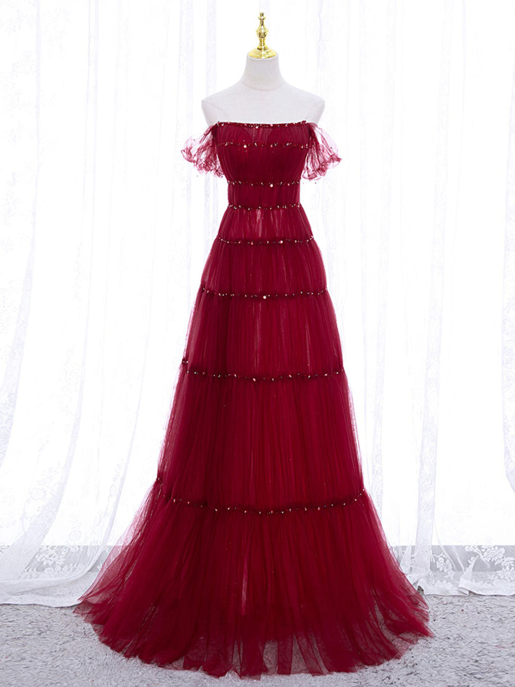 Elegant Burgundy Off Shoulder Long Prom Dress with Beading Sequin - Formal Evening Gown for Homecoming, Ball, Wedding & Special Occasions