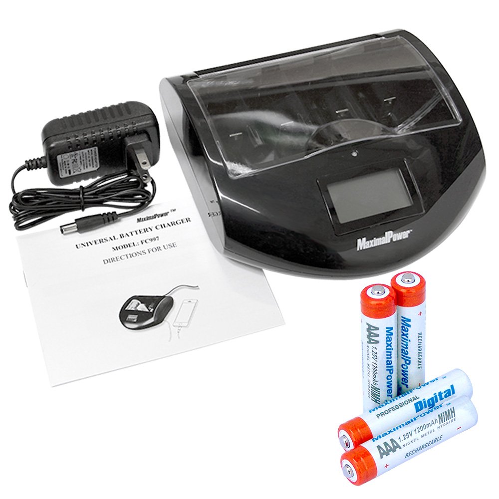 MaximalPower FC997 Universal Smart Battery Charger for Alkaline, NiMH, NiCd, Li-ion - Charges AA, AAA, C, D, 9V Batteries with 4 AAA 1200mAh Batteries Included - Perfect for Home, Office & Emergency Power Backup