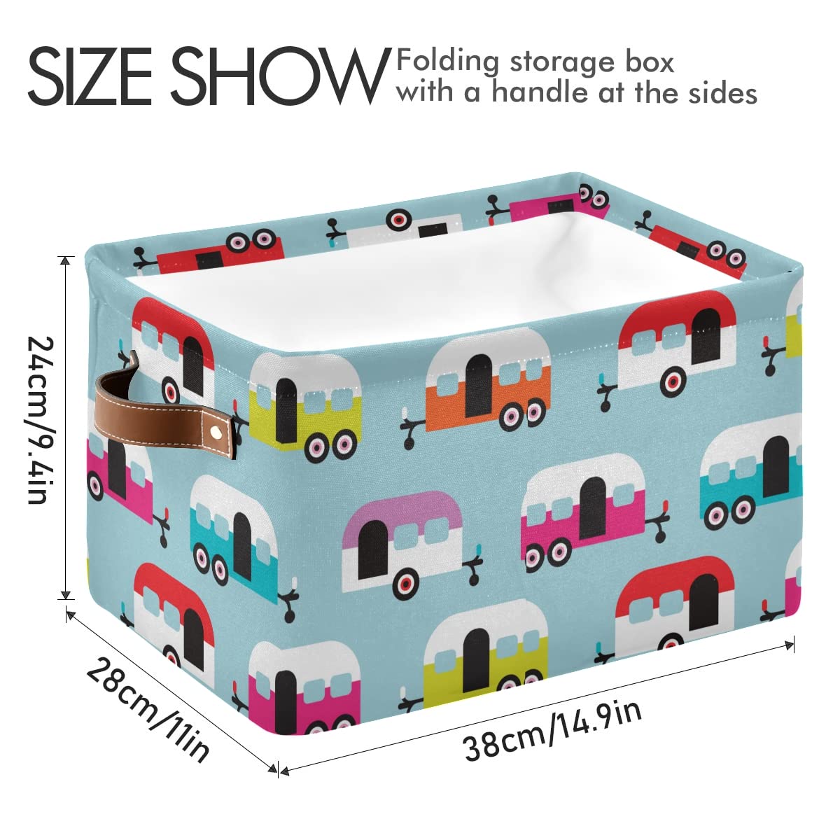 Happy Camper Caravan Square Storage Basket - 2 Pack Canvas Storage Organizer for Closet, Shelf, Home & Office - Perfect for Organizing Toys, Books, and Office Supplies