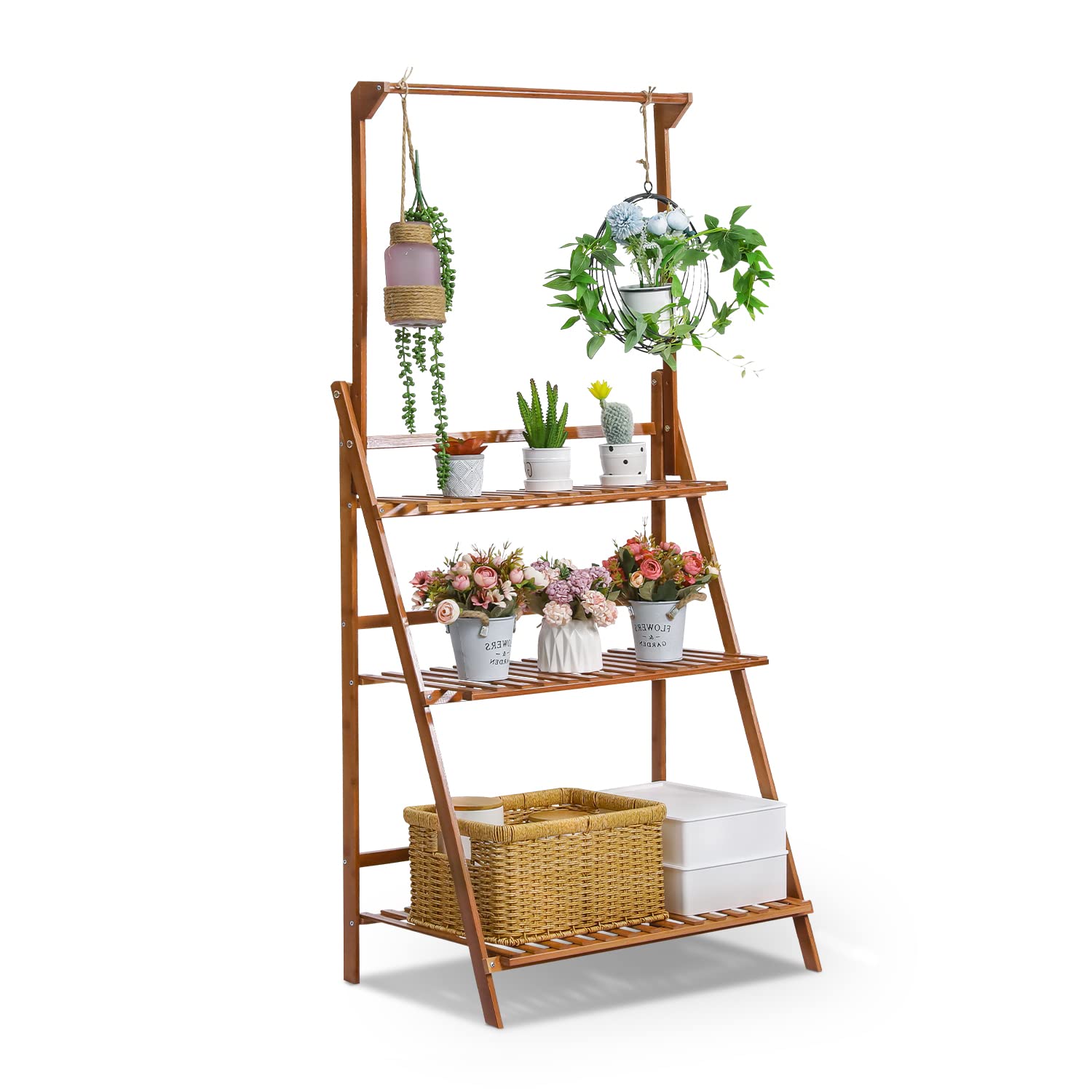 MoNiBloom 3-Tier Bamboo Hanging Plant Stand - Indoor Outdoor Flower Pot Display Organizer Shelf for Living Room, Balcony, Patio - Space-Saving Corner Decor for Small Spaces (27.2
