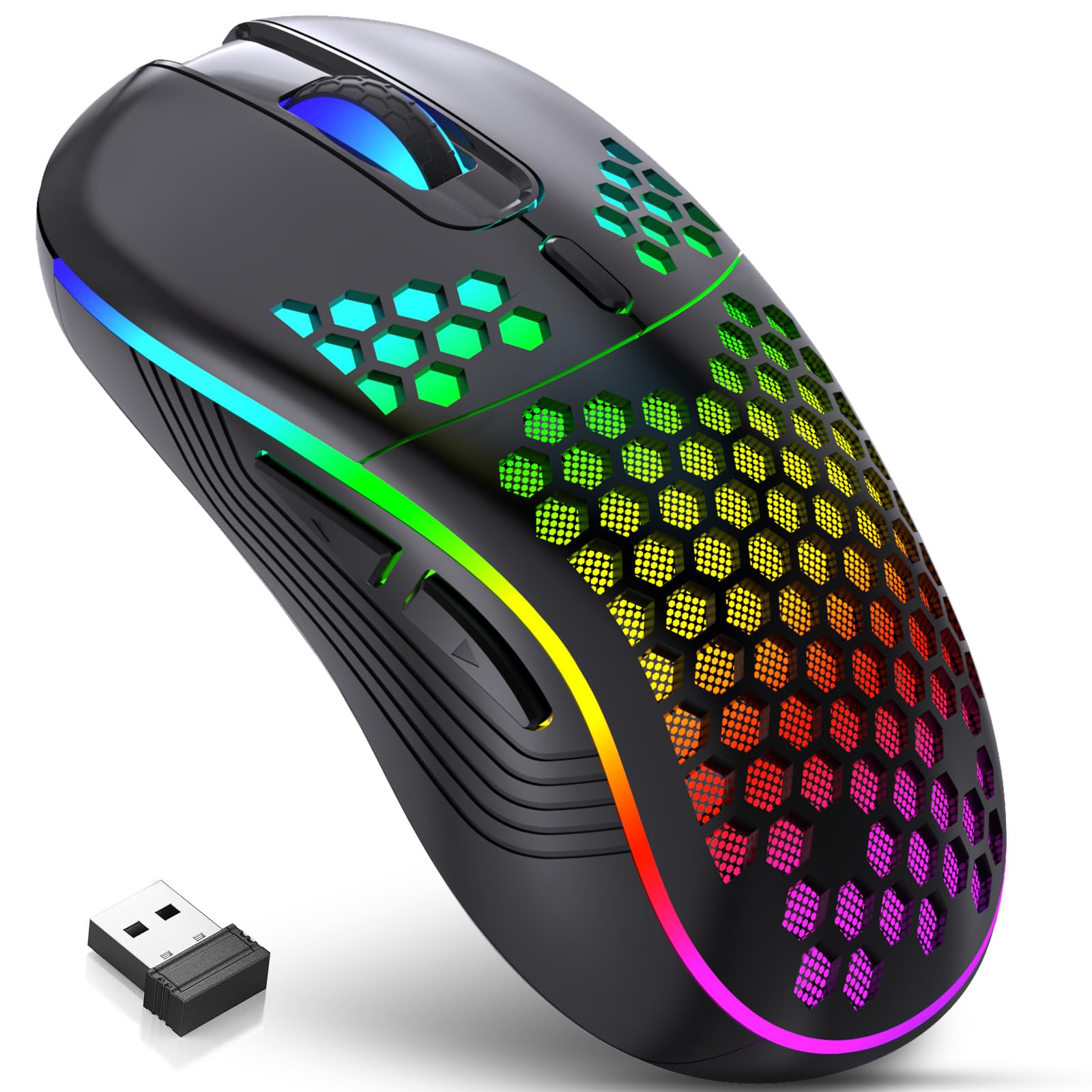 Wireless Gaming Mouse - Rechargeable Ergonomic Honeycomb Design with RGB Backlight, 7 Programmable Buttons, Adjustable DPI (1600-10000), USB Receiver for PC, Mac, Laptop - Perfect for FPS, MOBA Games & Office Work