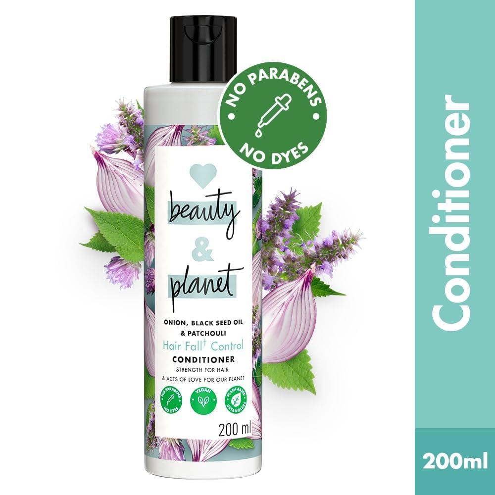 Loves Beauty & Planet Onion Black Seed & Patchouli Sulfate-Free Shampoo and Conditioner Set for Hair Fall Control - 200ml | Vegan Hair Care for Thinning Hair & Scalp Health | Daily Use for Stronger, Fuller Hair