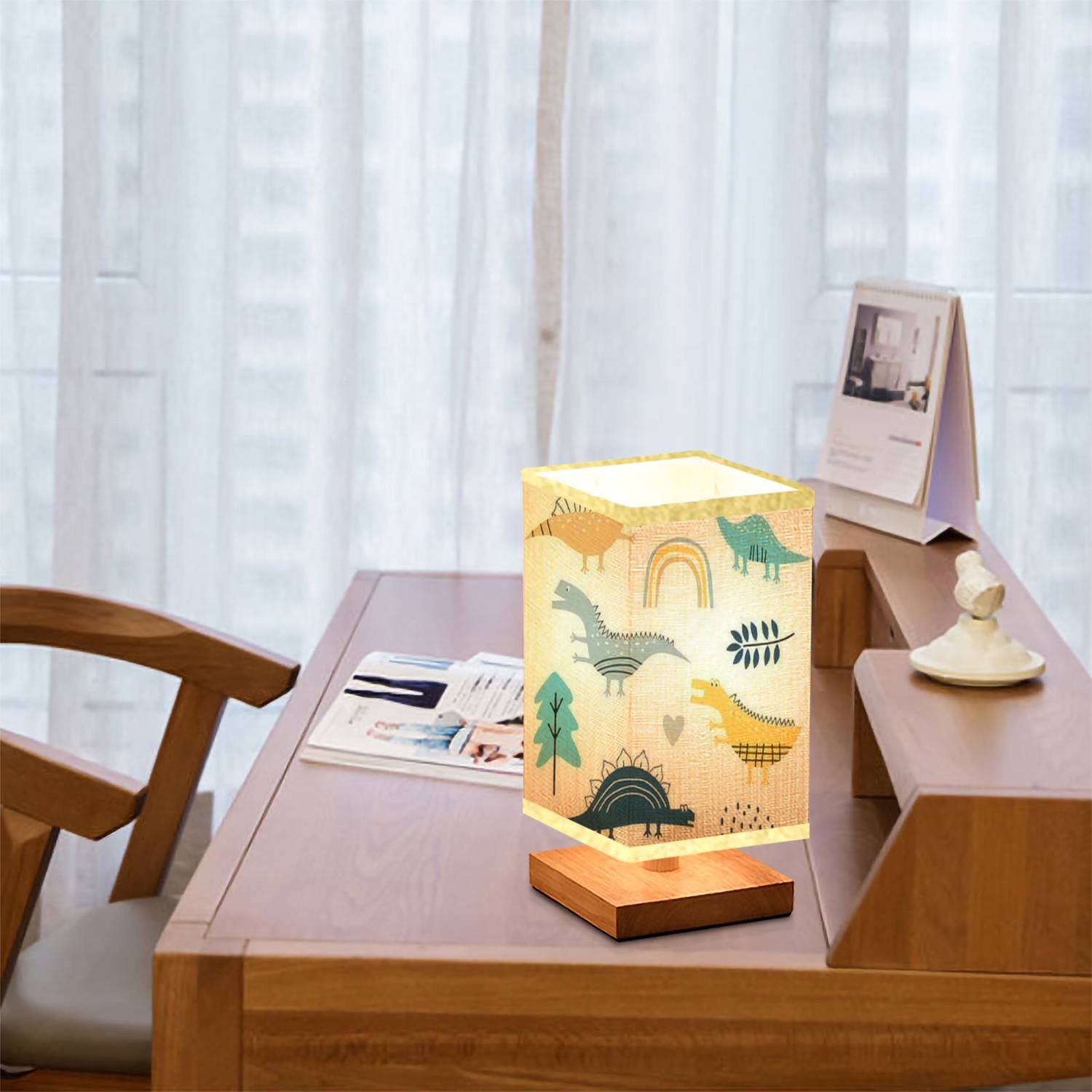 Dimmable Square Bedside Table Lamp with Wooden Dinosaur Base & Flaxen Fabric Shade - Scandinavian Design Nightstand Lamp for Bedroom, Living Room, Office | Perfect Reading Light & Cozy Atmosphere Creator