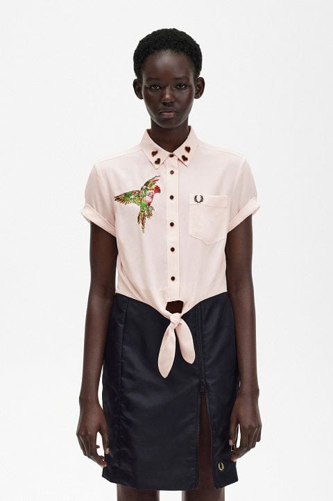 Amy Winehouse Milky Pink Embroidered Tie Front Shirt - Vintage Inspired Women's Blouse for Casual Outfits & Music Festivals