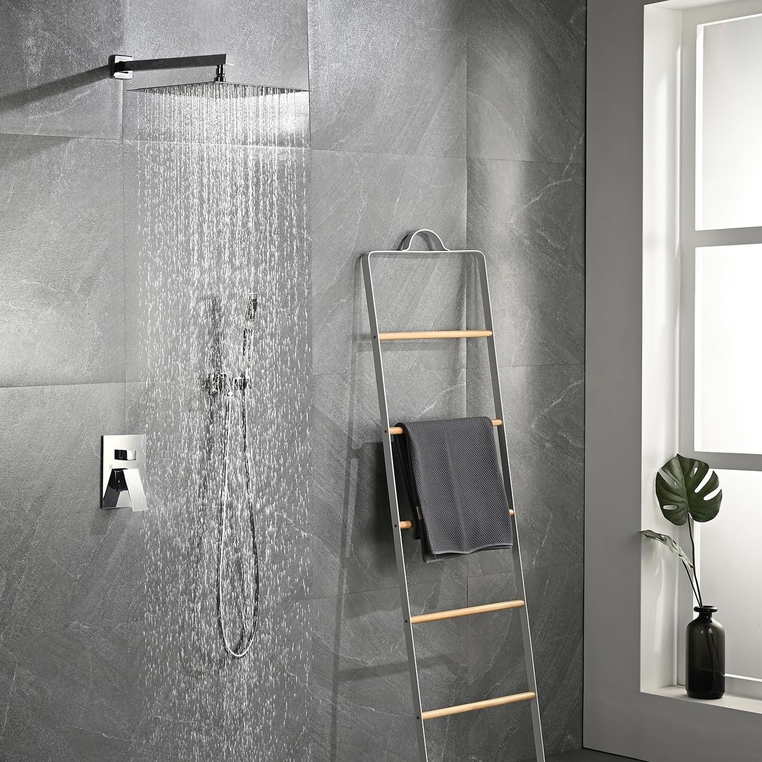 TONNY 12 Inch Chrome Rain Shower System - Complete Bathroom Square Shower Faucet Set with High Pressure Rainfall Shower Head, Handheld Combo & Wall Mounted Trim Kit (Includes Rough-in Valve) - Perfect for Modern Bathroom Renovation & Spa-Like Shower Experience