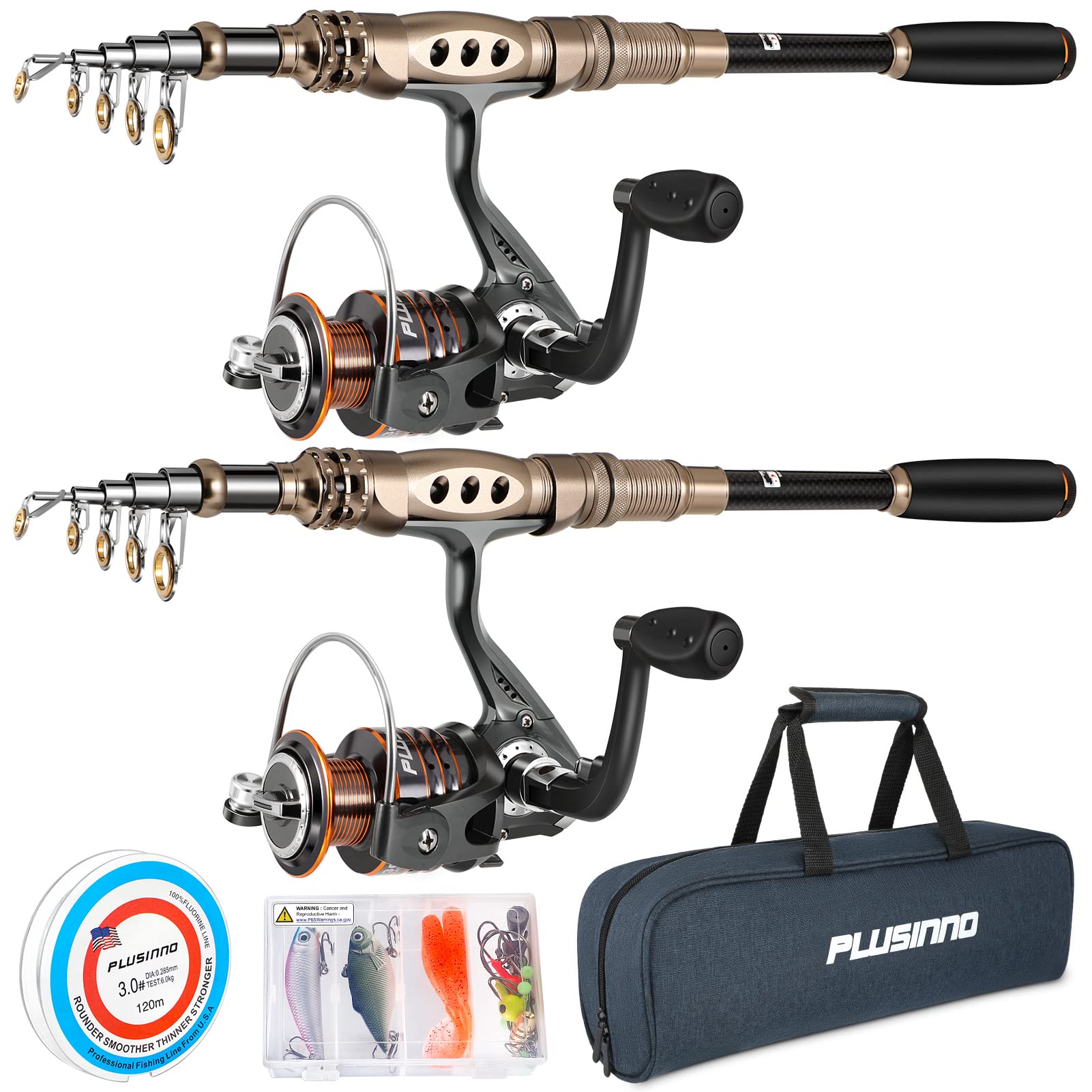 **PLUSINNO Carbon Fiber Telescopic Fishing Rod and Reel Combo Kit - Lightweight Saltwater & Freshwater Fishing Pole for Bass, Trout, and Surf Fishing - Perfect for Travel, Boat, and Shore Fishing**