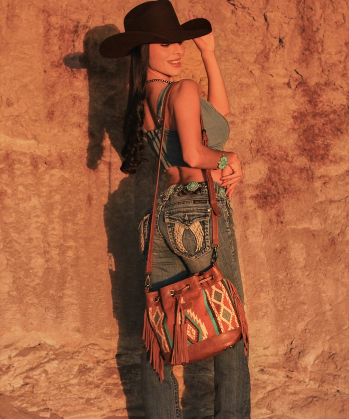 Wrangler Aztec Knitted Bucket Bag Set for Women - Boho Chic Crossbody Purse with Adjustable Strap - Perfect for Travel, Shopping & Everyday Use