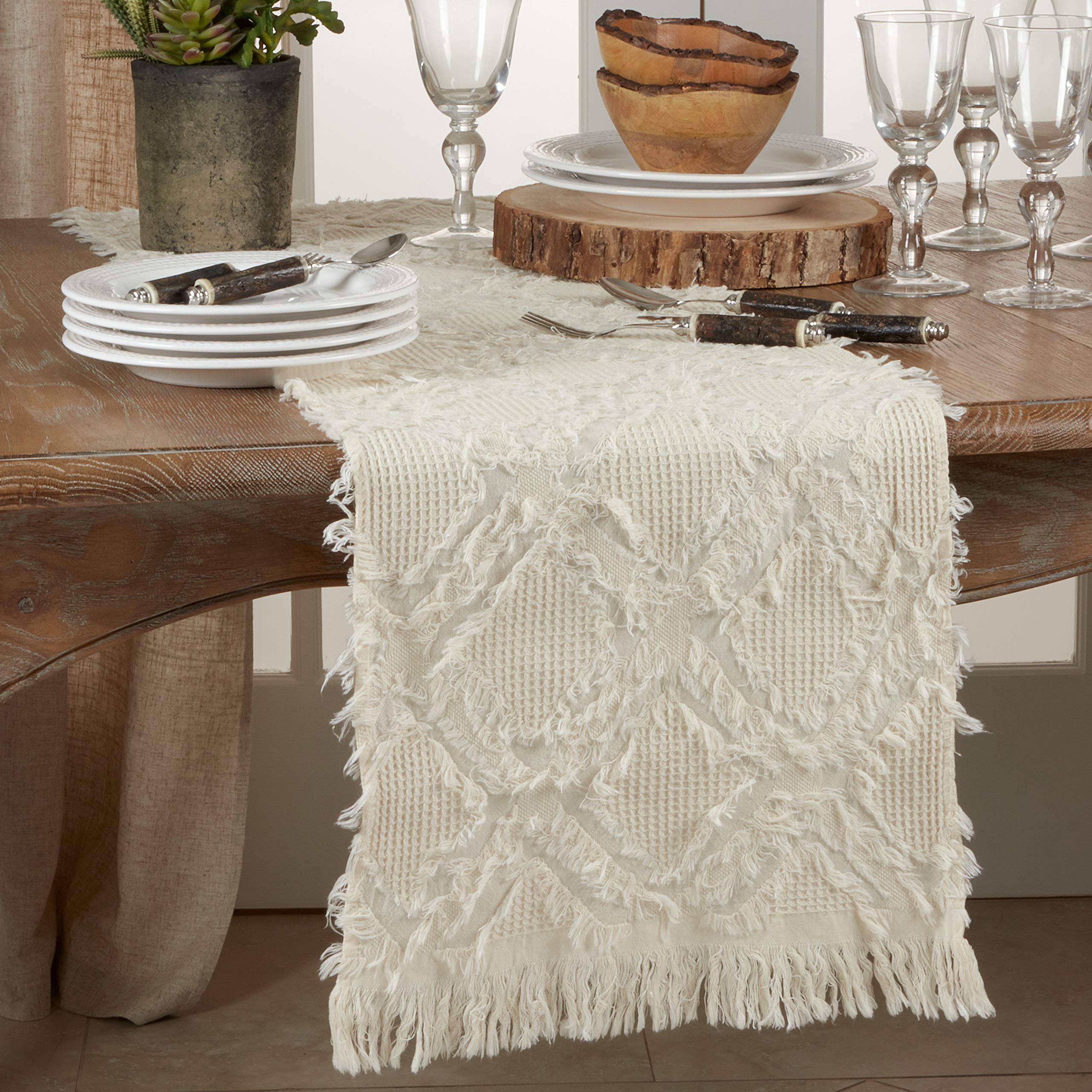 SARO LIFESTYLE Ivoryline Collection Fringe Waffle Weave Table Runner - 16