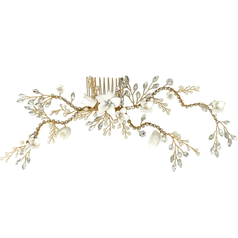 Elegant Gold Floral Hair Comb with Crystals and Pearls - A6073 Bridal Hair Accessory for Weddings, Prom & Special Occasions