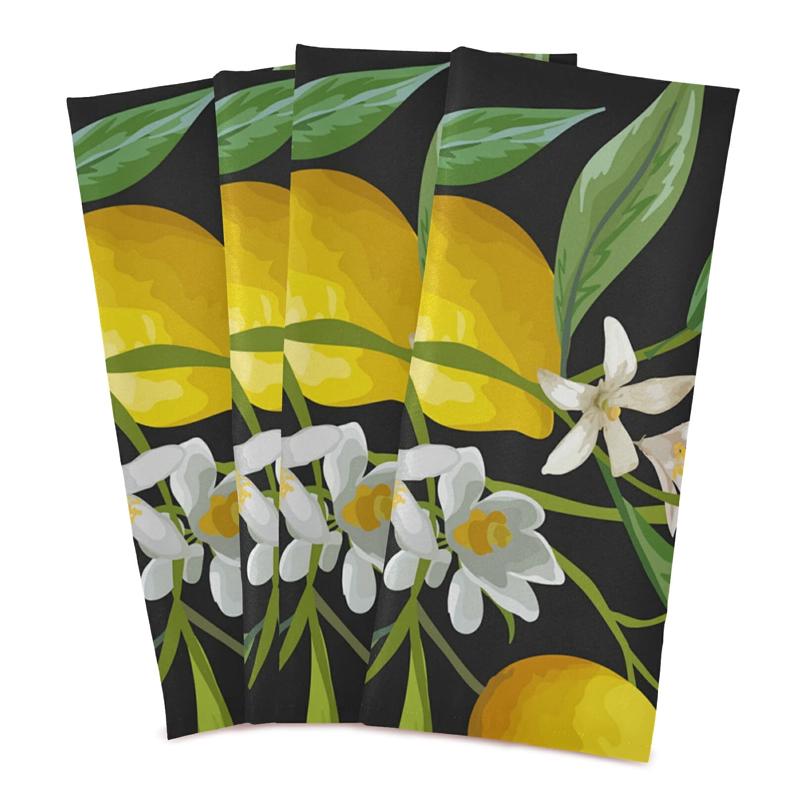 Premium Polyester Kitchen Dish Towel Set - Lemon Fruits & Green Leaves Design, Hemmed Waffle Dishcloths with Hanging Loop | Perfect for Hand Drying, Bar Cleaning & Tea Towel Use