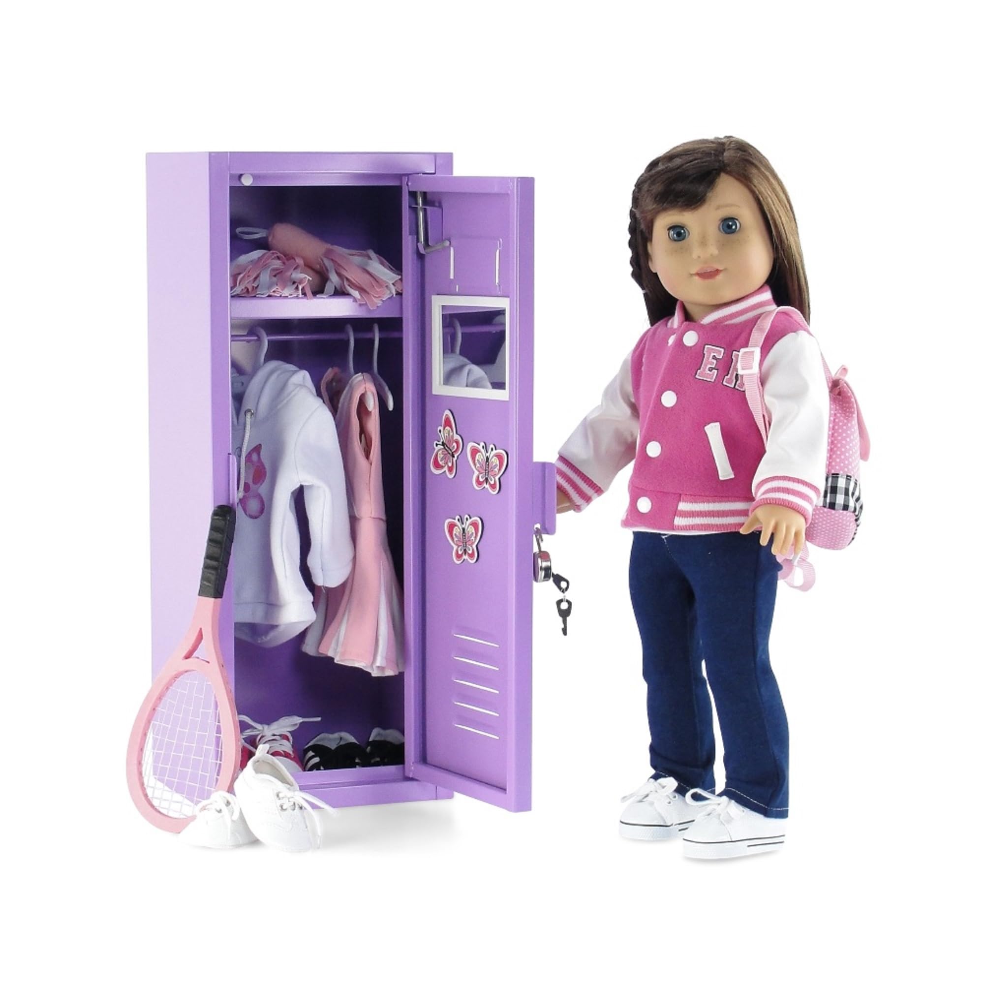 Emily Rose 18 Inch Doll Clothes Storage - Bright Purple School Locker with Accessories for American Girl Dolls | Includes Lock, Key & 5 Hangers | Perfect for Doll Clothing Organization & Playroom Decor