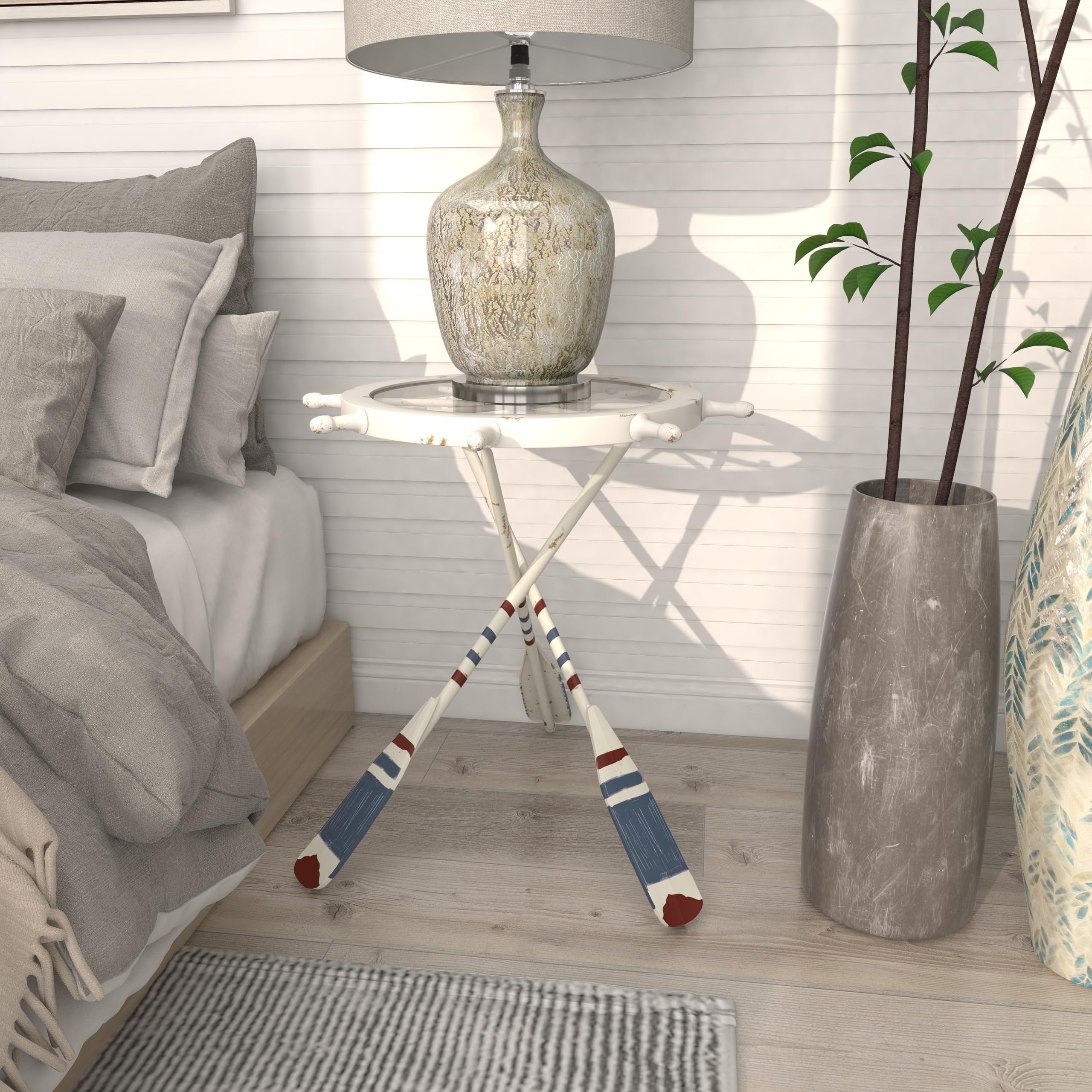 Deco 79 Nautical White Metal Ship Wheel Side Table with Oar Shaped Legs - 23x23x24 Inches - Coastal End Table for Living Room, Bedroom or Patio Decor