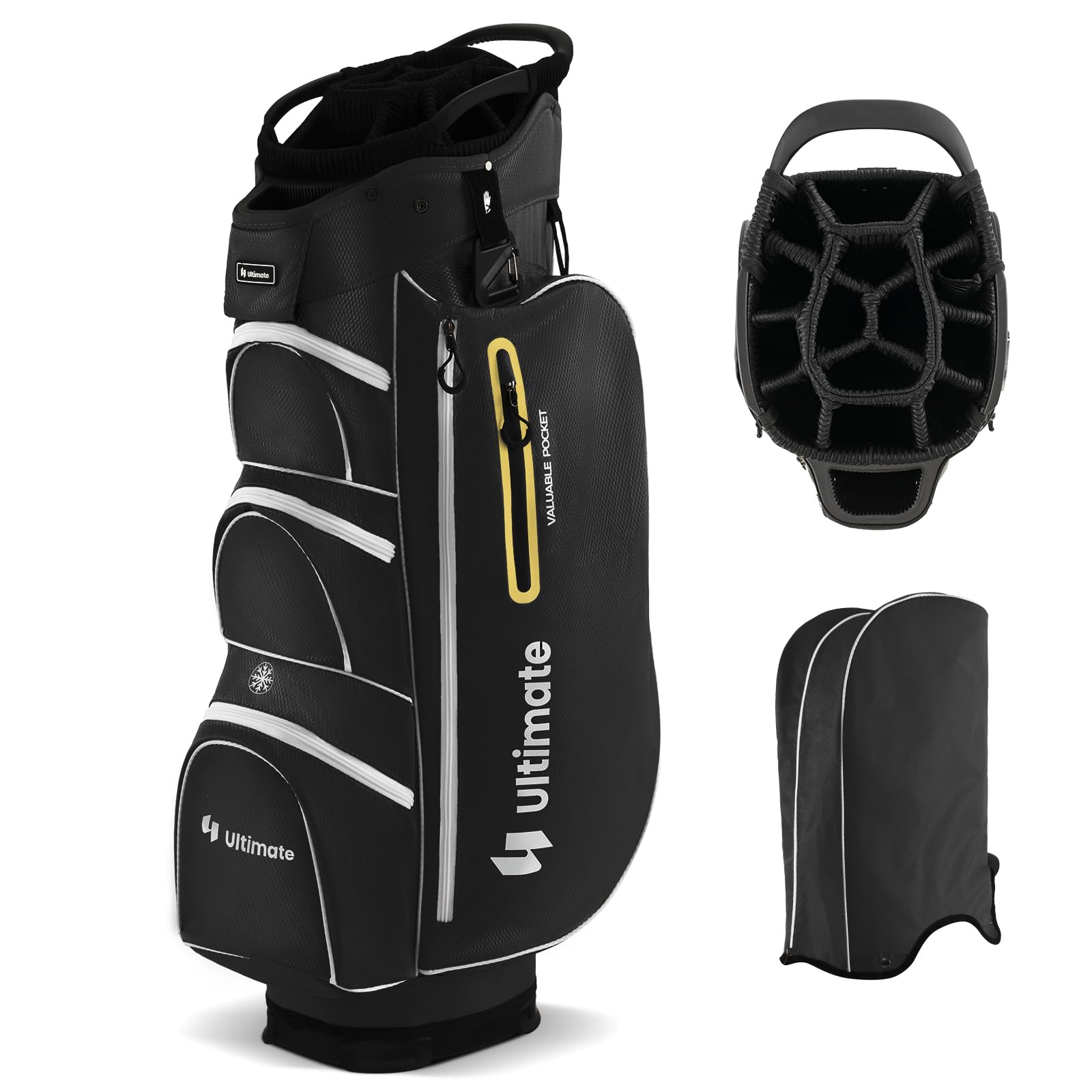 ULTIMATE Golf Cart Bag with 15-Way Top Dividers - Lightweight Portable Golf Club Organizer with Individual Putter Holder, 7 Storage Pockets, Built-in Cooler Bag, Rain Hood, Umbrella Holder & Comfortable Shoulder Strap - Perfect for Golf Tournaments, Driving Range Practice & Weekend Golf Outings