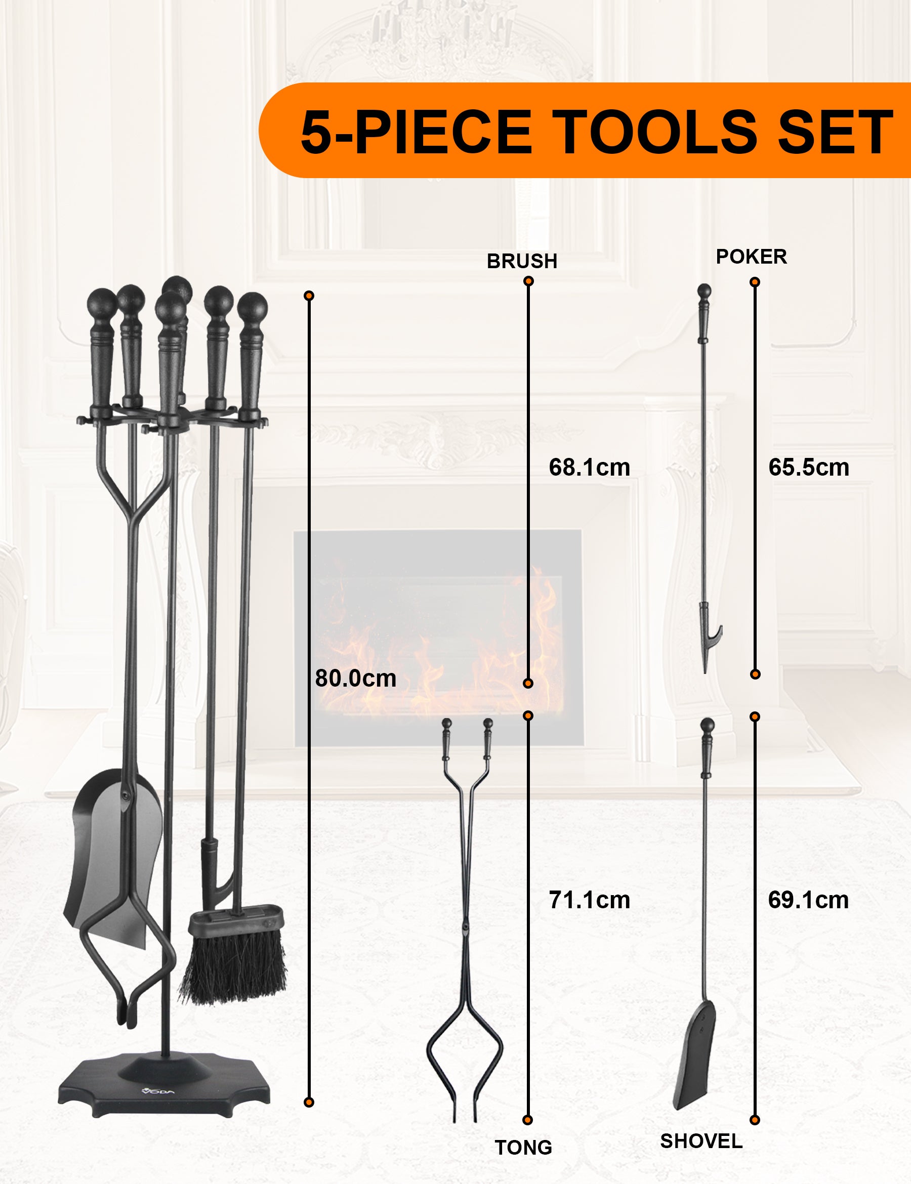 VODA™ 31.5 Inch Heavy Duty Cast Iron Fireplace Tool Set with Stand - VDTS205 - Perfect for Indoor Fireplace Maintenance and Home Decor