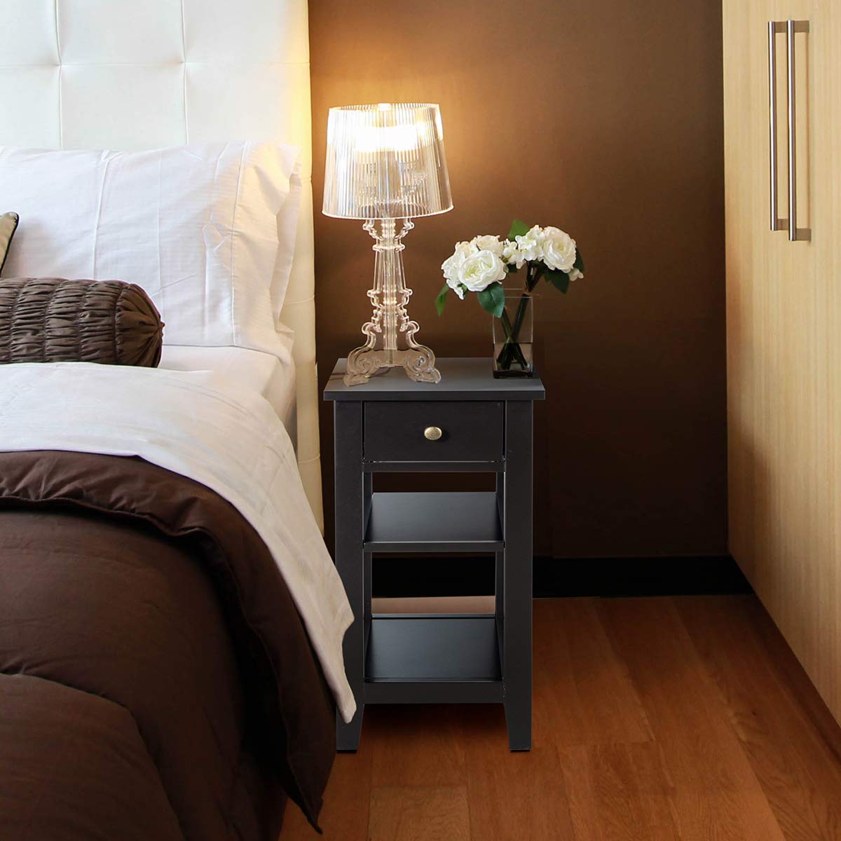 Giantex Narrow End Table with Drawer & Shelf - Slim Wood Accent Sofa Table, Space-Saving Nightstand for Small Spaces - Perfect for Living Room, Bedroom, Dorm or Apartment (Black)