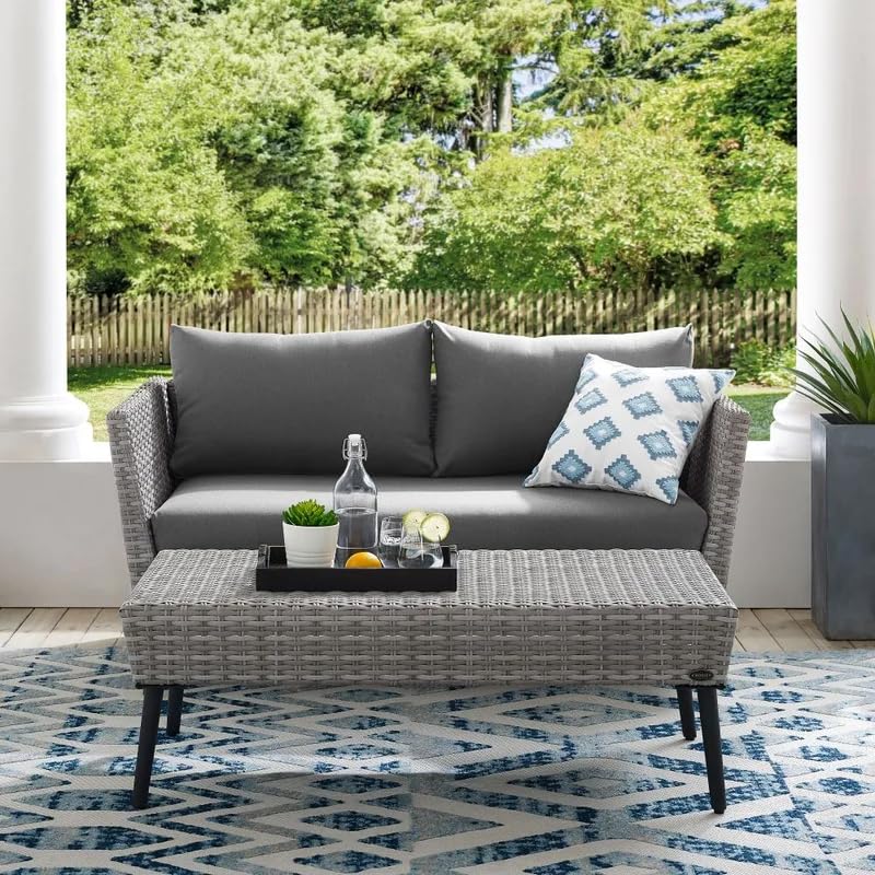 Crosley Richland 2-Piece Wicker Patio Set - Gray Outdoor Coffee Table & Loveseat for Porch, Garden, or Backyard Relaxation | Weather-Resistant Wicker Furniture